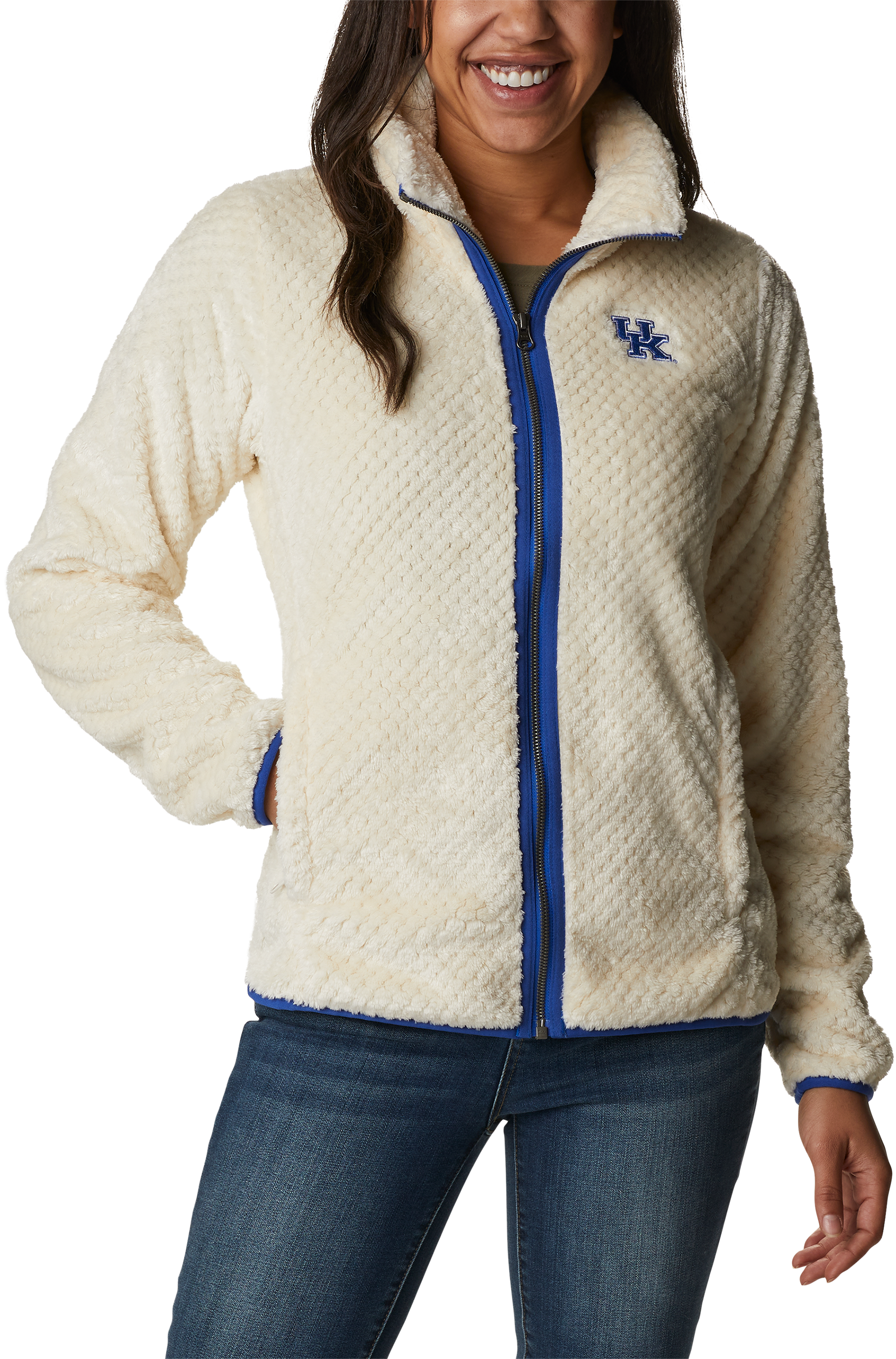 Image of Columbia Collegiate Fire Side II Sherpa Full-Zip Fleece for Ladies - Univ of Kentucky/Chalk - S