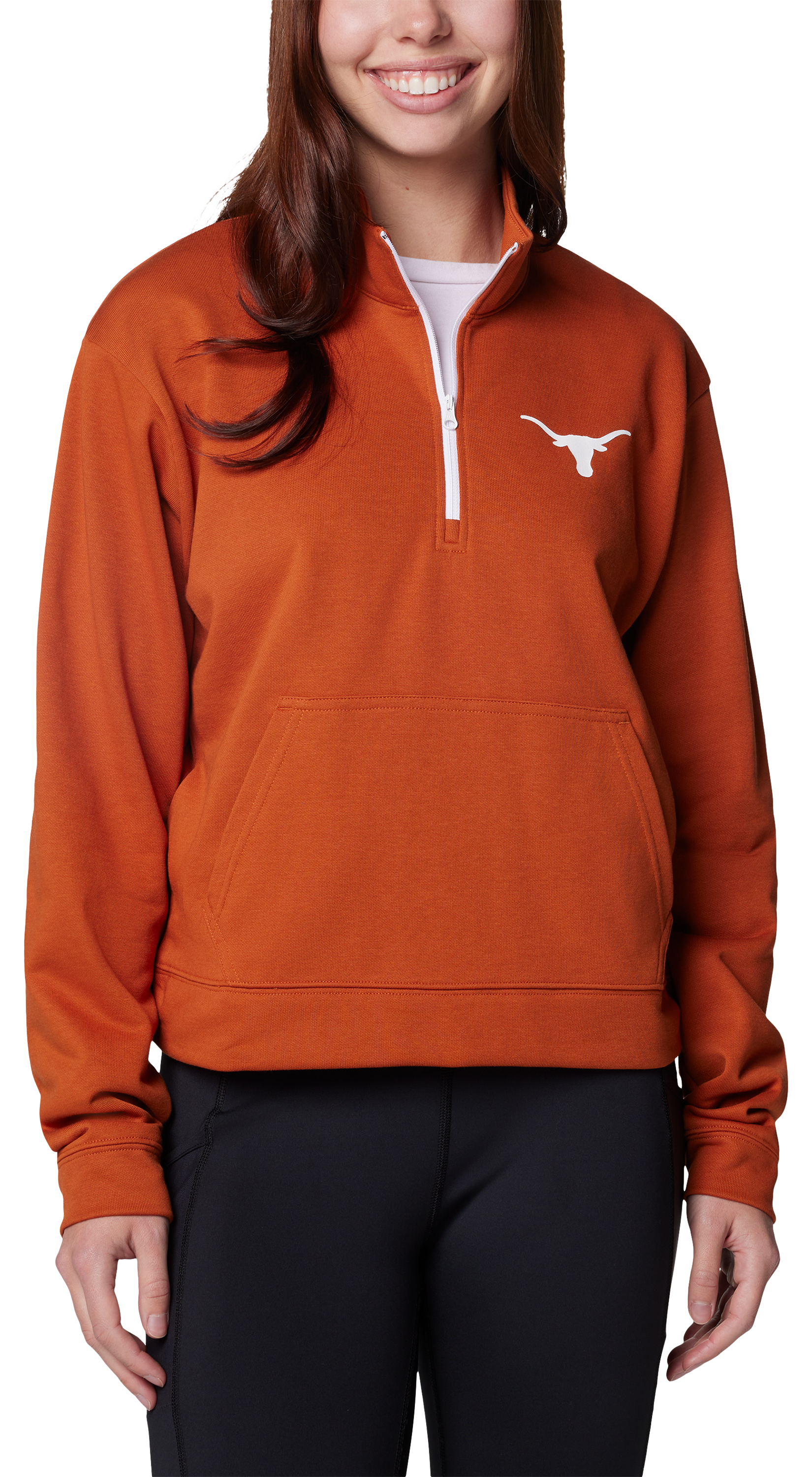 Image of Columbia Collegiate Trek French Terry Half-Zip Pullover for Ladies - University of Texas/Cedar - S