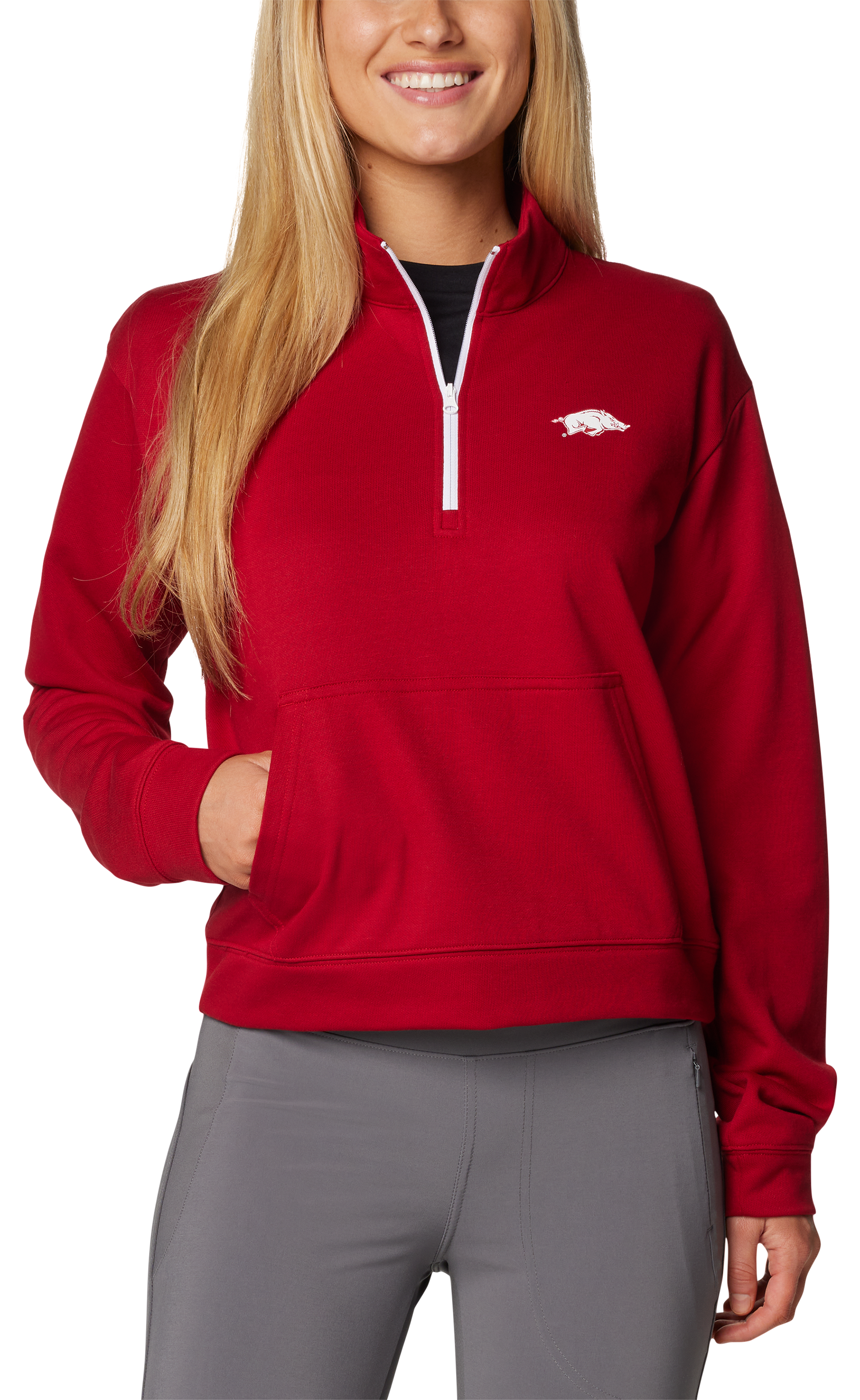 Image of Columbia Collegiate Trek French Terry Half-Zip Pullover for Ladies - Univ of Arkansas/Red Velvet - L