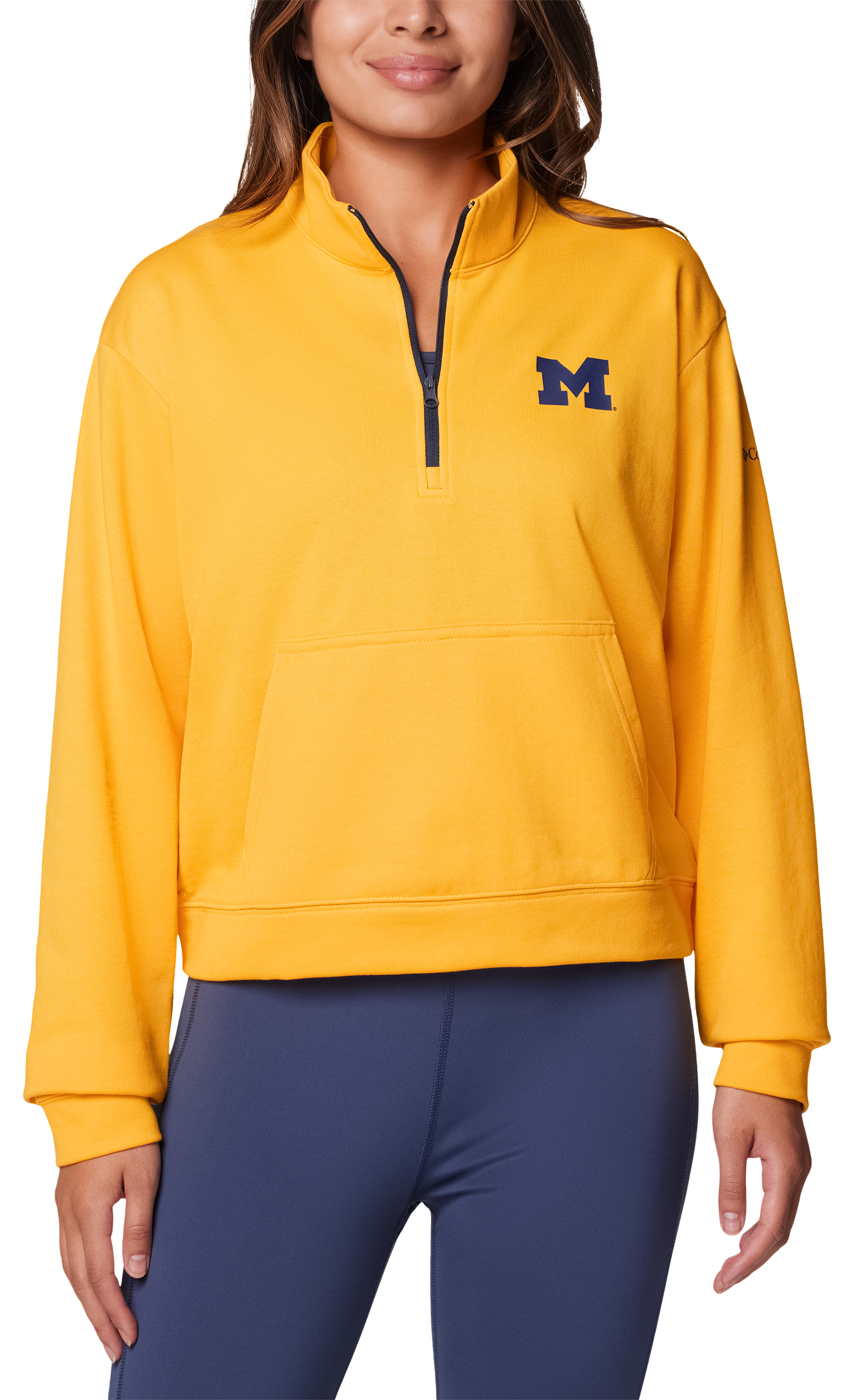 Image of Columbia Collegiate Trek French Terry Half-Zip Pullover for Ladies - Univ of Michigan/Yellow - S