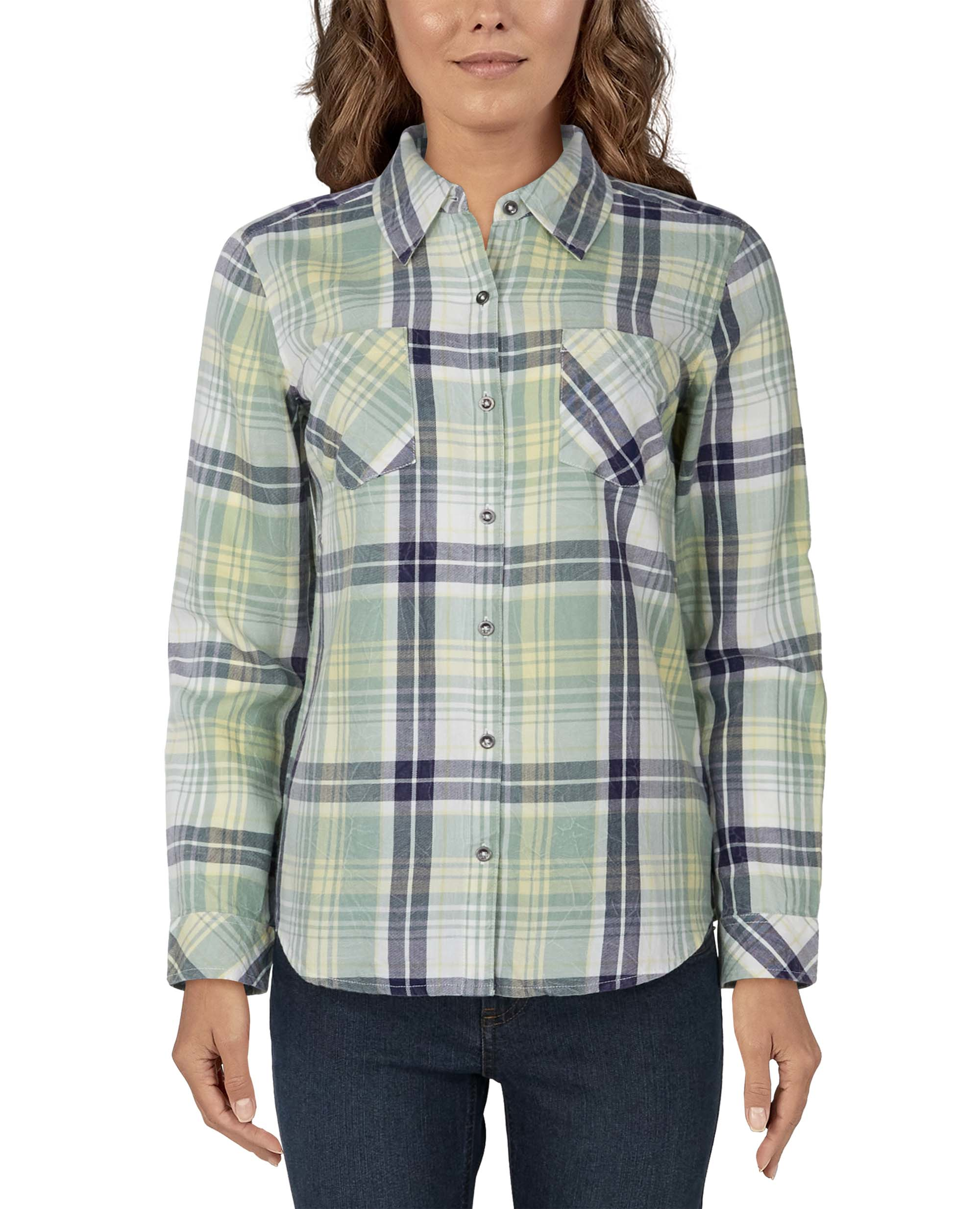 Image of Natural Reflections Acid Wash Plaid Long-Sleeve Shirt for Ladies - Green Bay Plaid - L