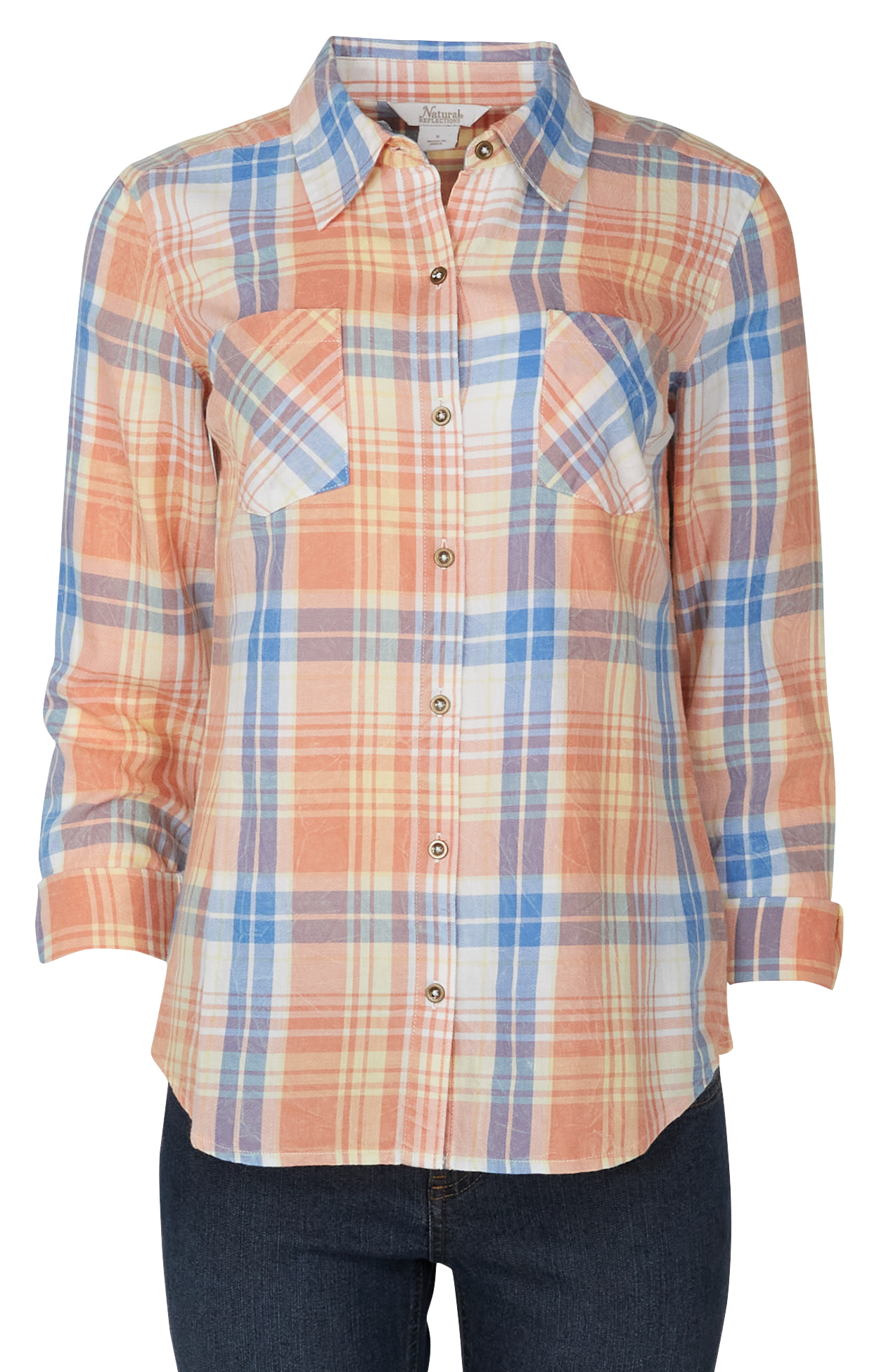 Image of Natural Reflections Acid Wash Plaid Long-Sleeve Shirt - Tawny Orange Plaid