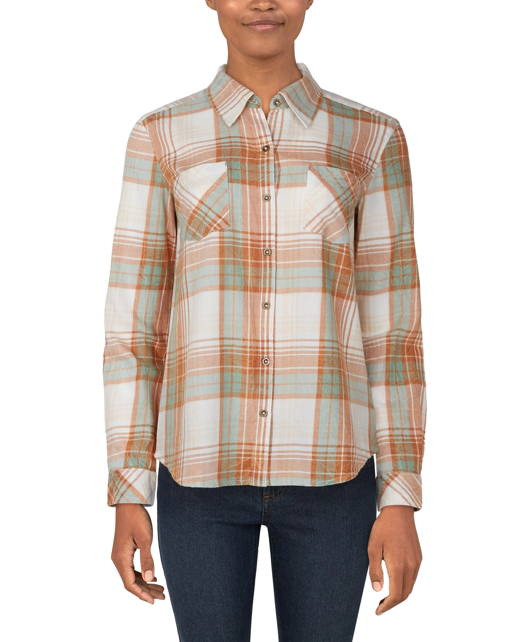 NATURAL REFLECTIONS Acid Wash Plaid Long-Sleeve Shirt for Ladies