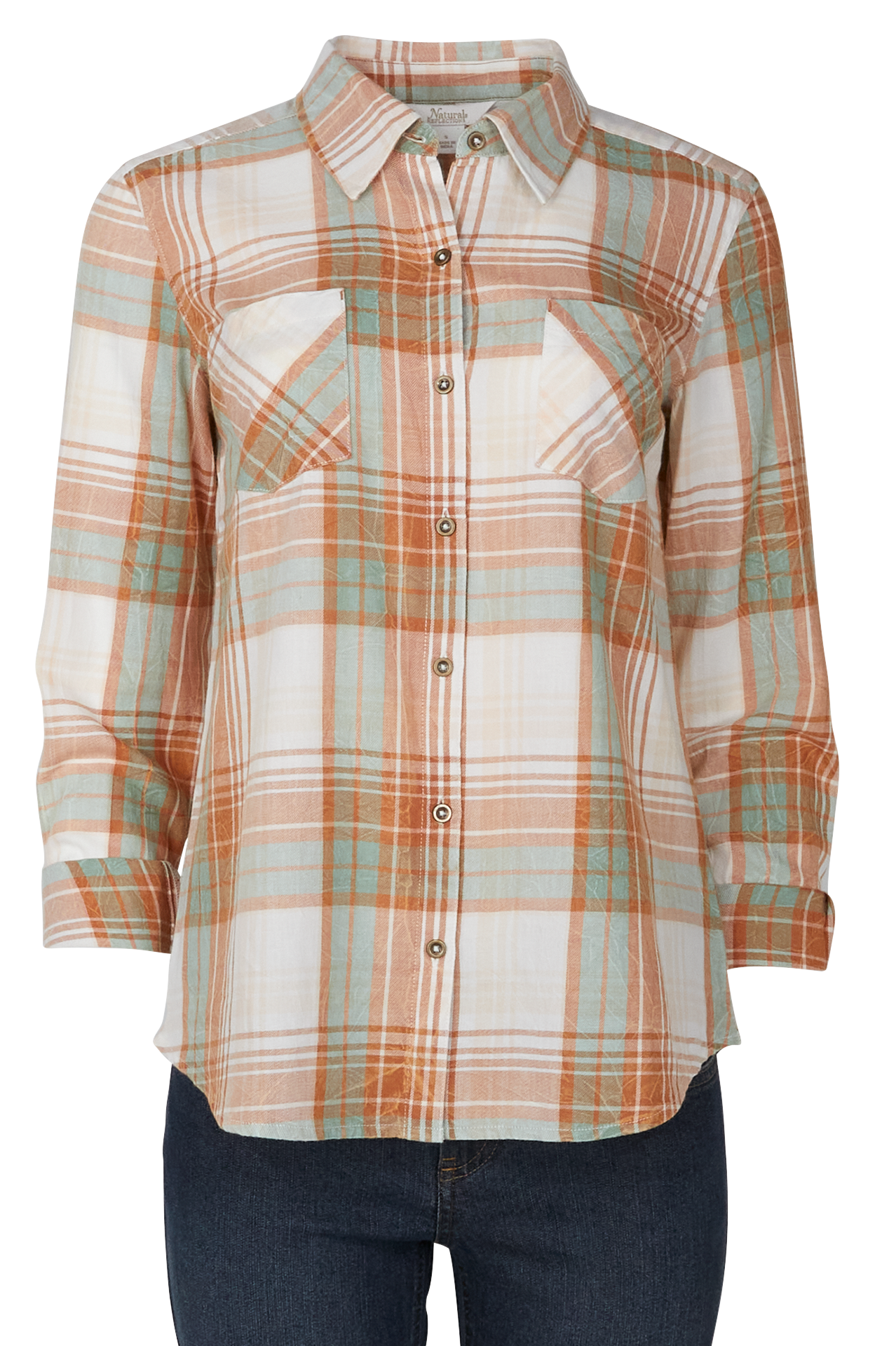 Image of Natural Reflections Acid Wash Plaid Long-Sleeve Shirt - Egret Plaid