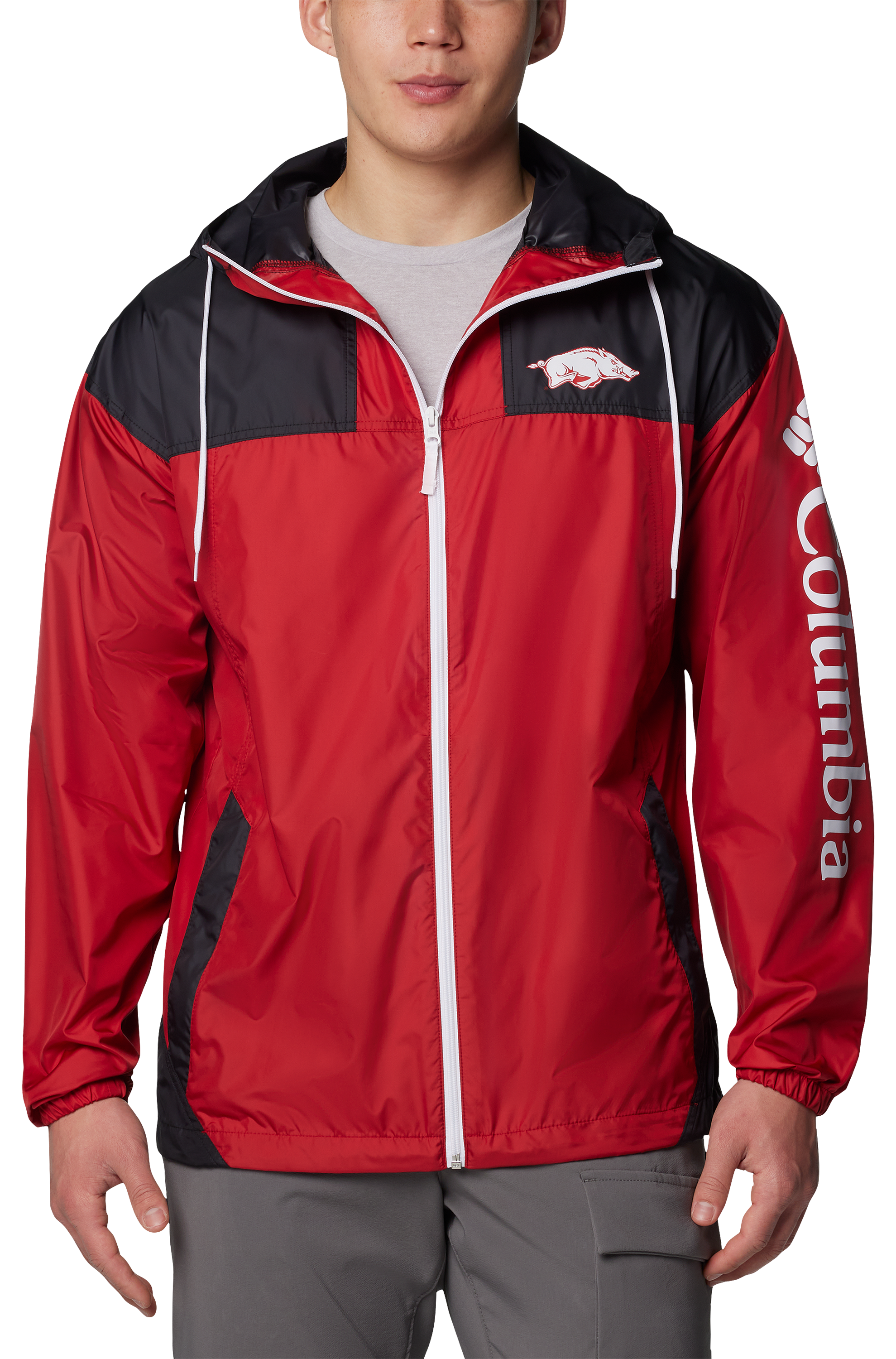 Image of Columbia Collegiate Flash Challenger II Windbreaker for Men - Univesity of Arkansas/Red Velvet - M