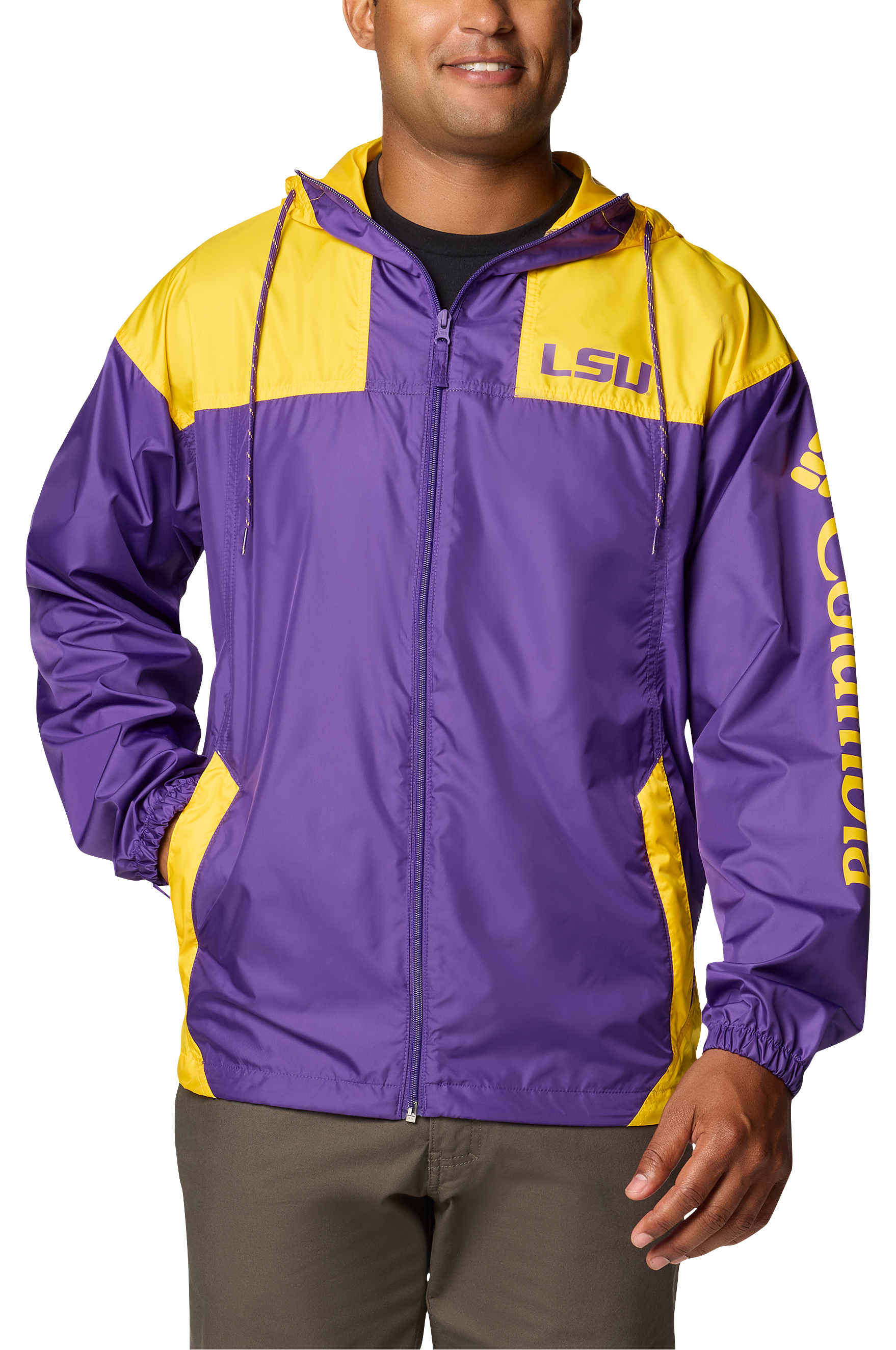 Image of Columbia Collegiate Flash Challenger II Windbreaker for Men - Louisiana State University/Vivid Purple - M