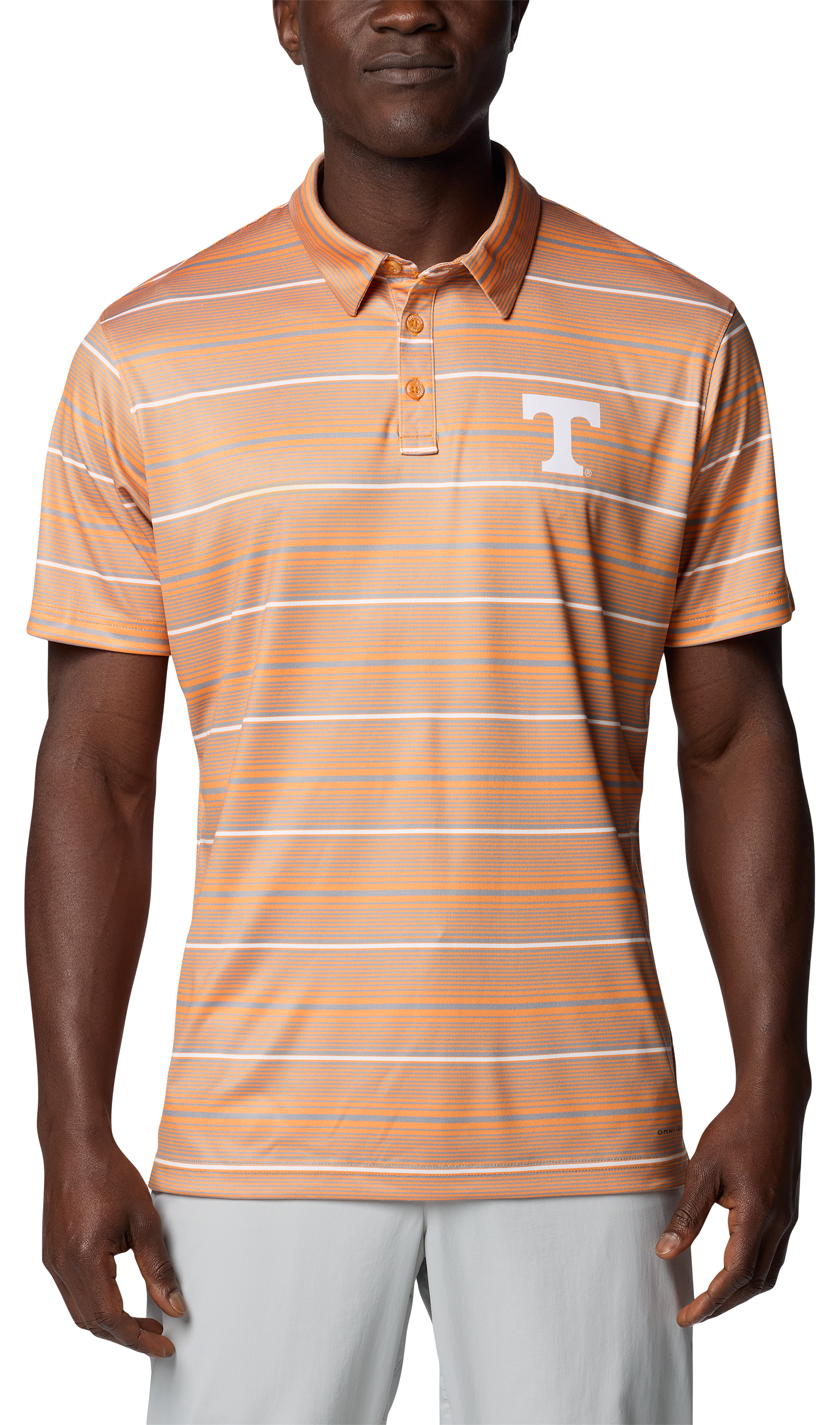Image of Columbia Collegiate Super Terminal Tackle Short-Sleeve Polo for Men - University of Tennessee/Solarize Stripe