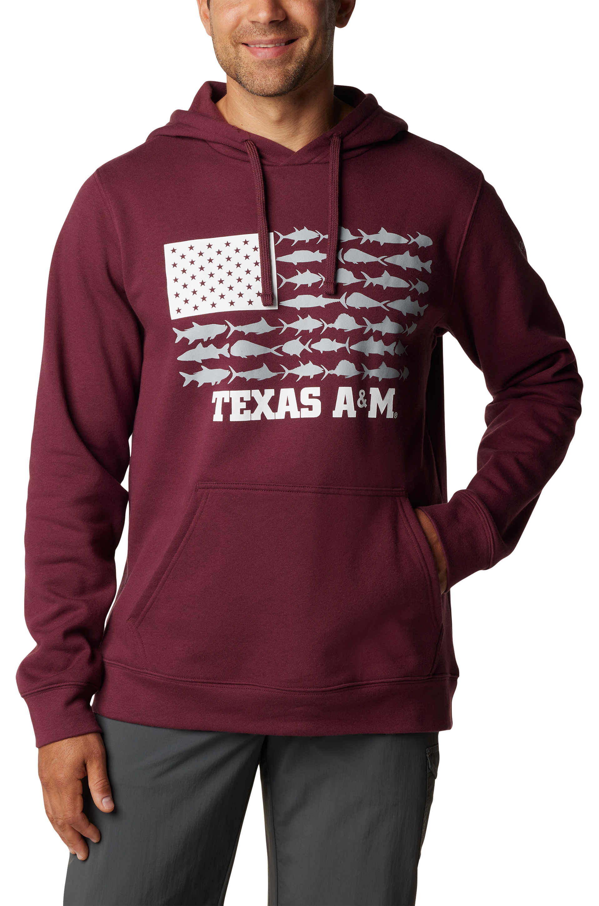 Image of Columbia Collegiate PFG Fish Flag II Long-Sleeve Hoodie for Men - Texas A&M/Deep Maroon - 2XL