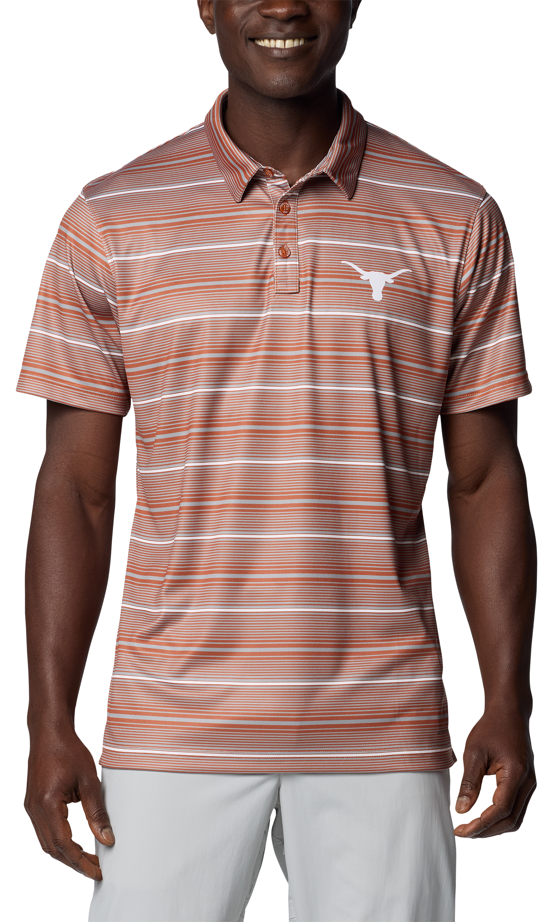 Image of Columbia Collegiate Super Terminal Tackle Short-Sleeve Polo for Men - University of Texas/Cedar Stripe