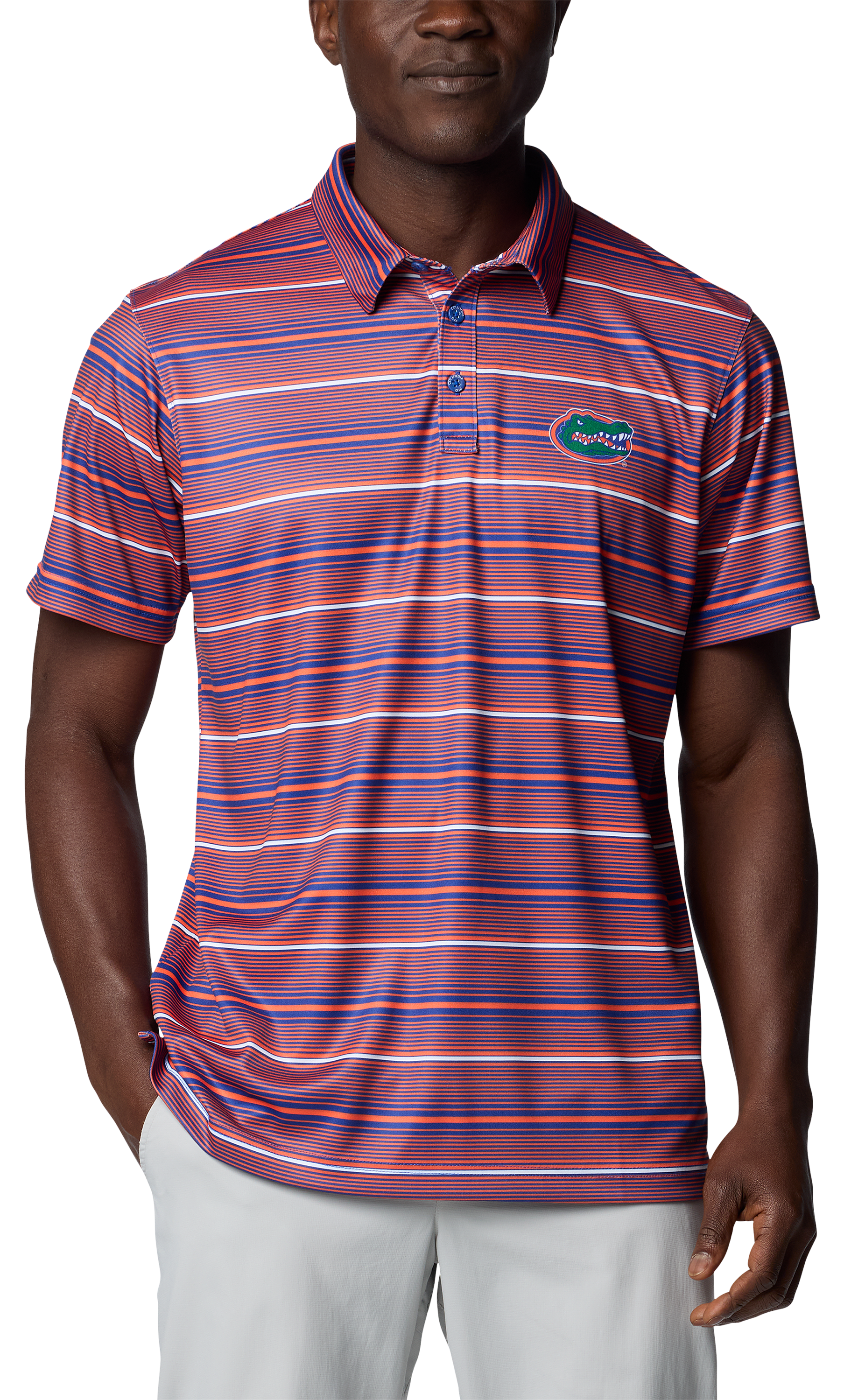 Image of Columbia Collegiate Super Terminal Tackle Short-Sleeve Polo for Men - University of Florida/Azul Stripe