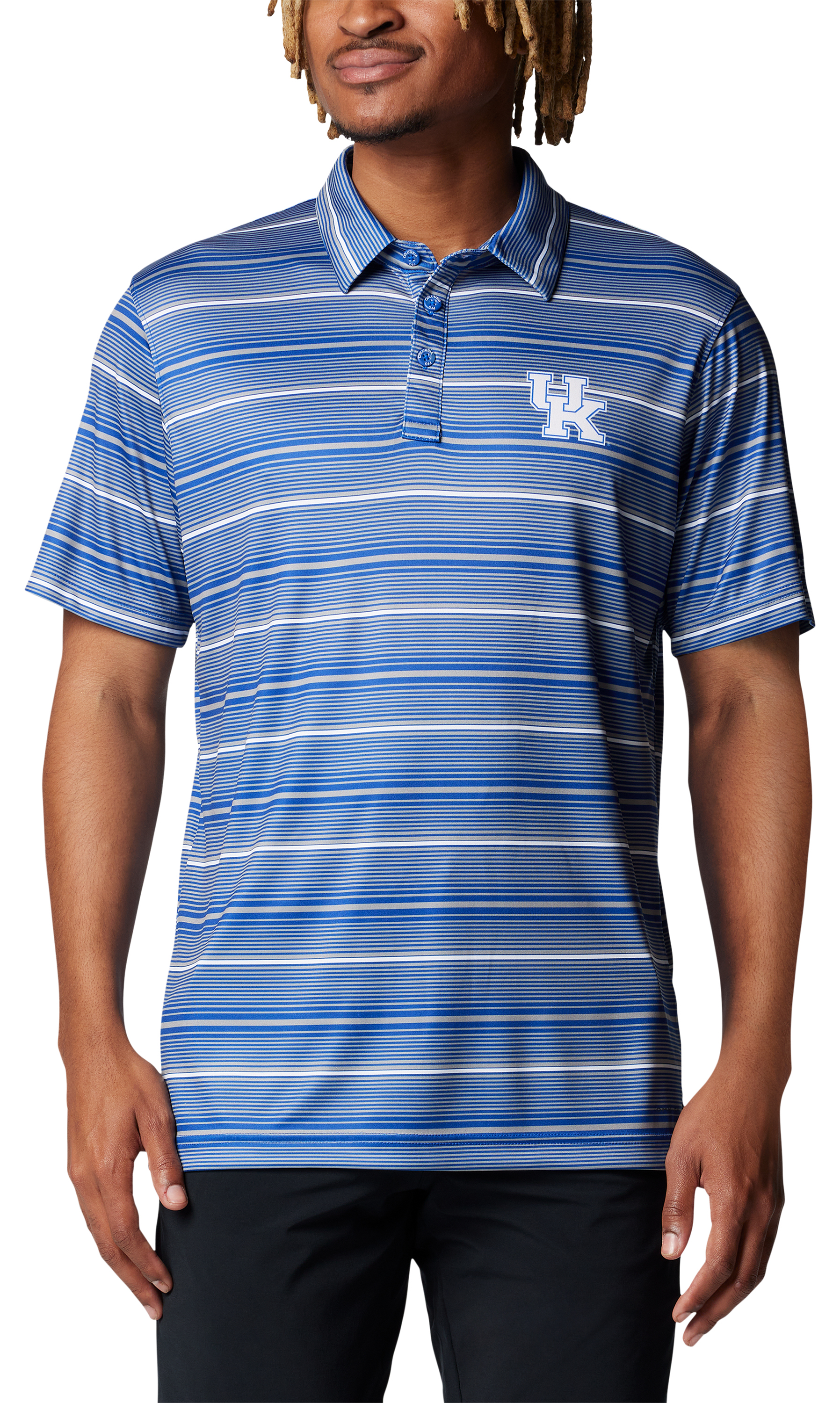 Columbia Collegiate Super Terminal Tackle Short-Sleeve Polo for Men - University of Kentucky/Azul Stripe - S