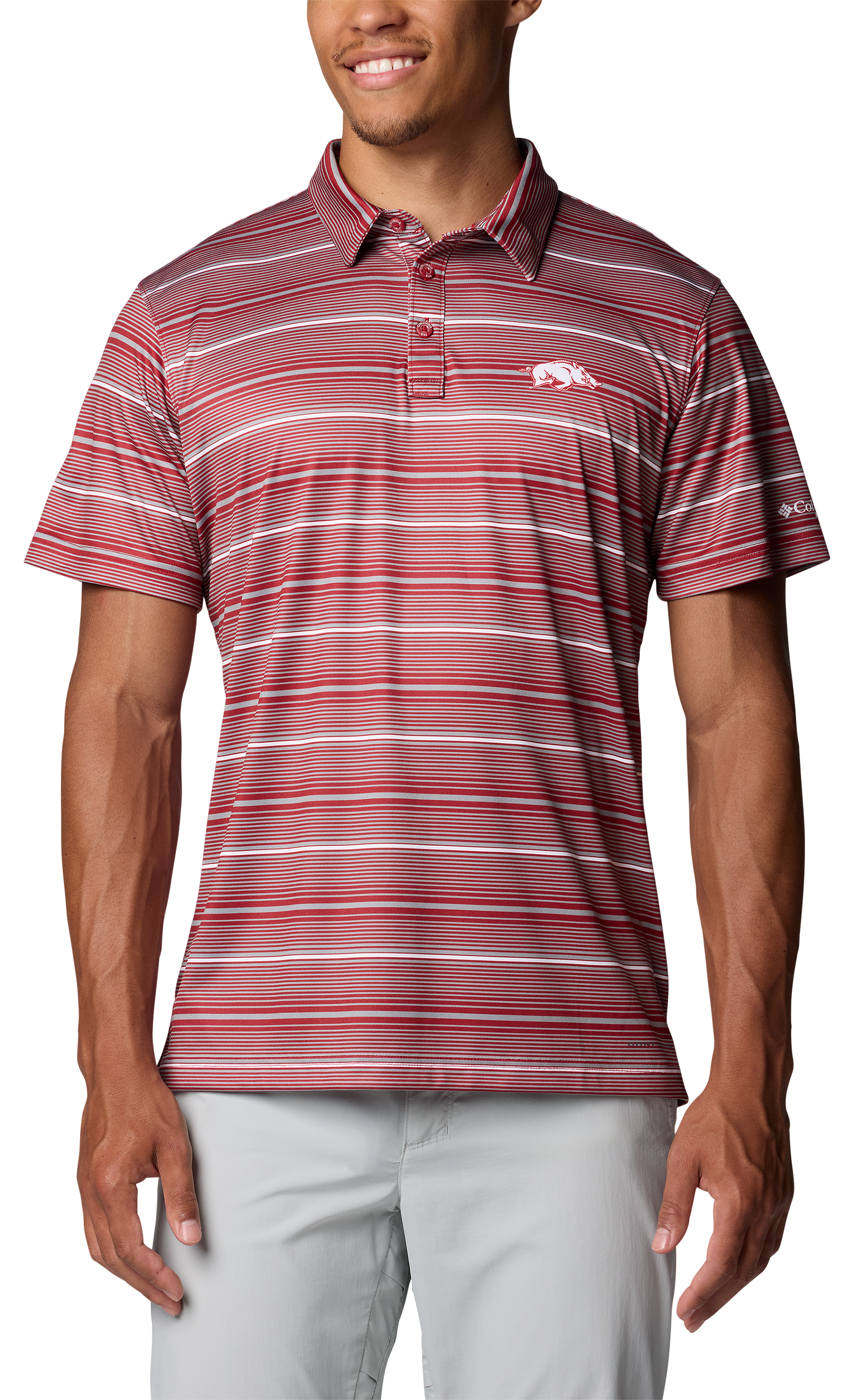 Image of Columbia Collegiate Super Terminal Tackle Short-Sleeve Polo for Men - University of Arkansas/Red Velvet Stripe - L