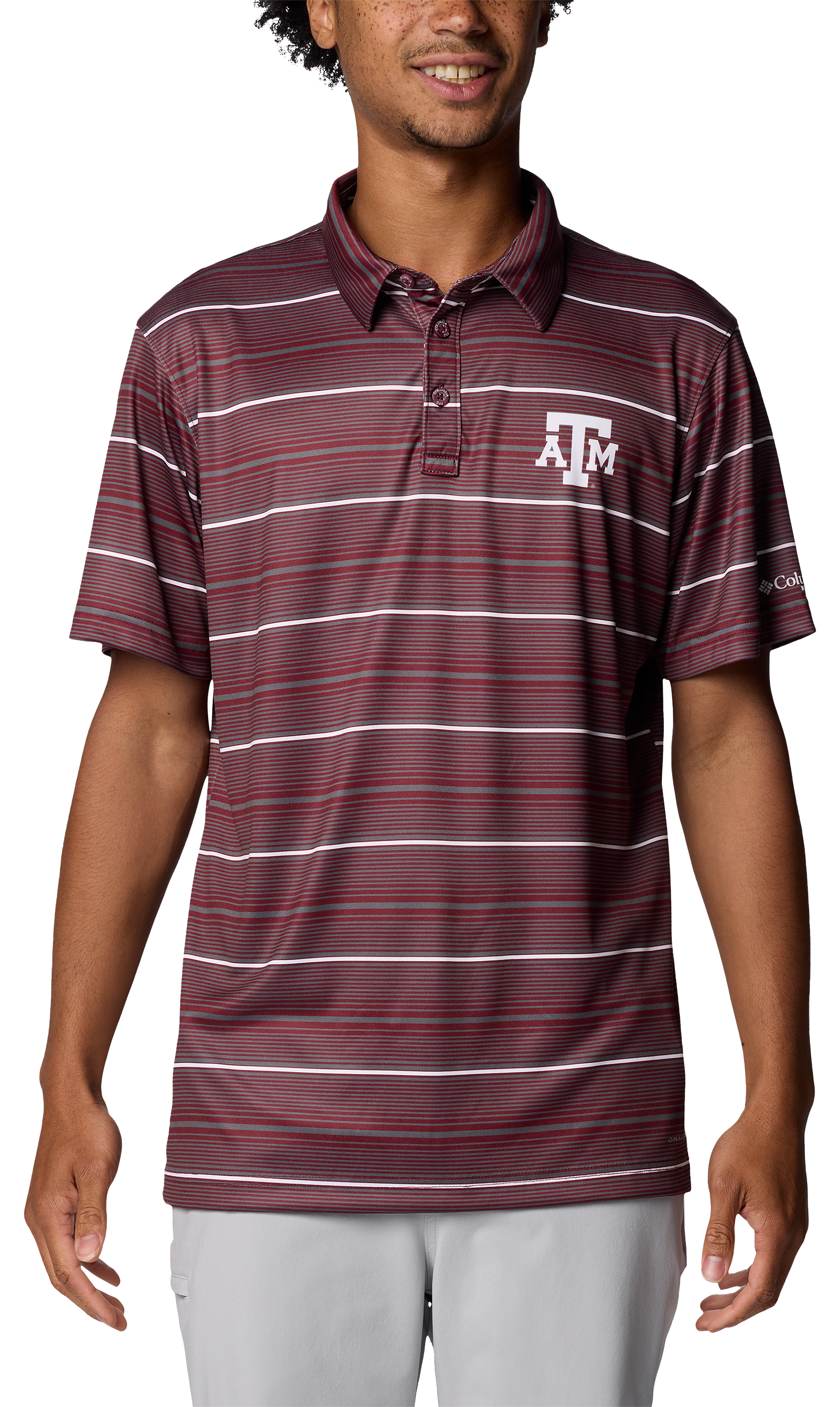 Columbia Collegiate Super Terminal Tackle Short-Sleeve Polo for Men - Texas A&M/Deep Maroon Stripe - XL