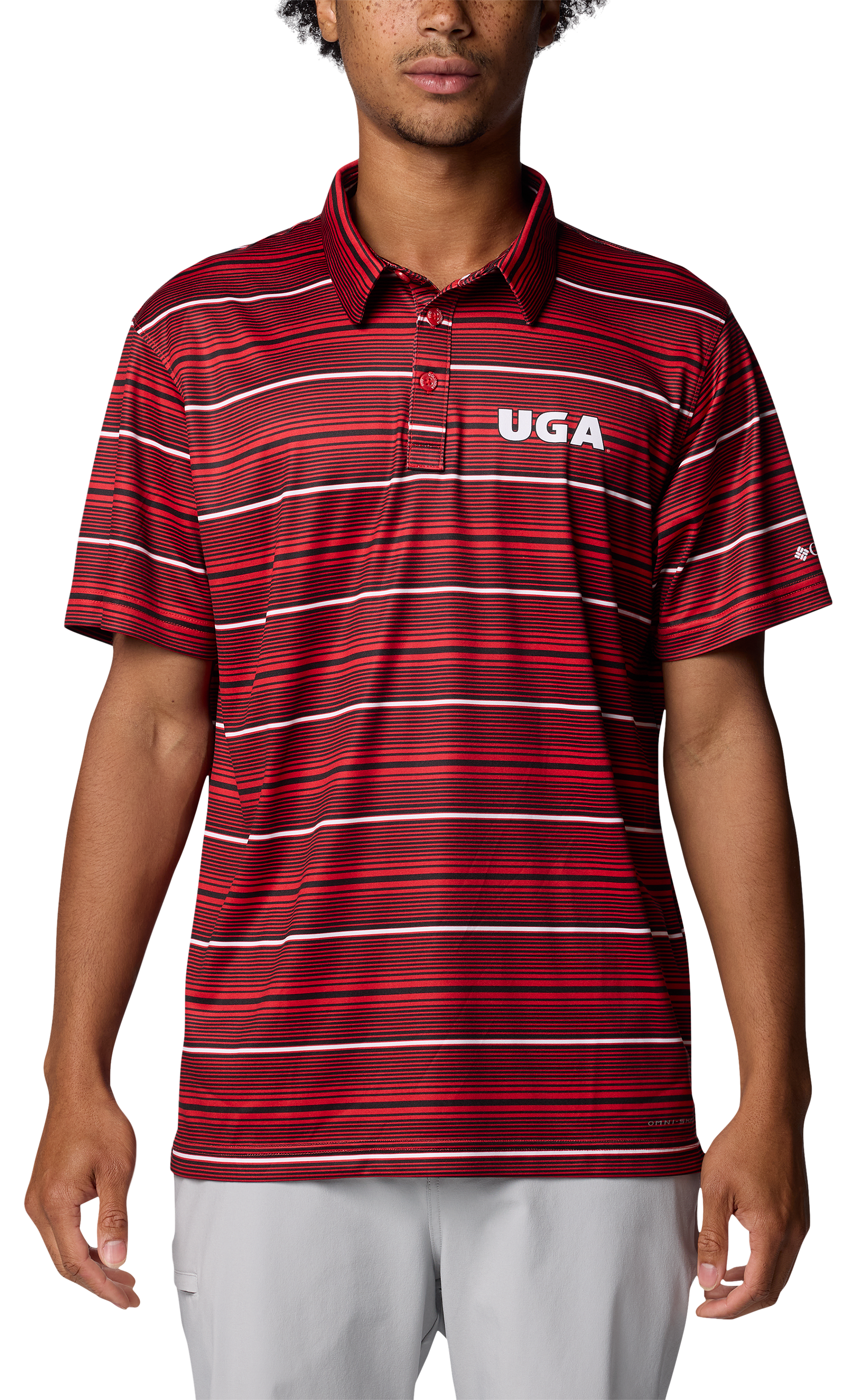 Image of Columbia Collegiate Super Terminal Tackle Short-Sleeve Polo for Men - University of Georgia/Bright Red Stripe