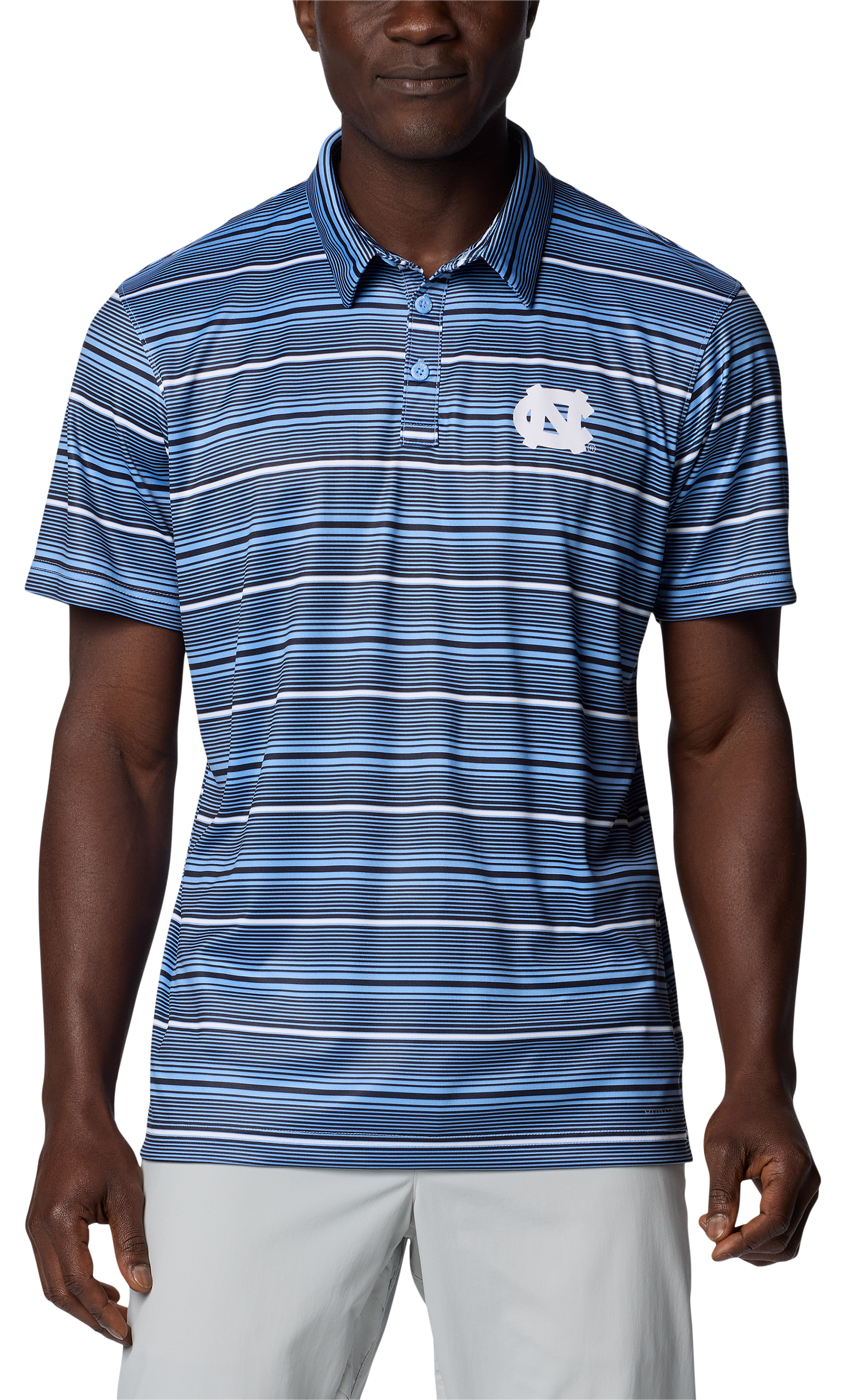 Image of Columbia Collegiate Super Terminal Tackle Short-Sleeve Polo for Men - University of North Carolina/White Cap Stripe