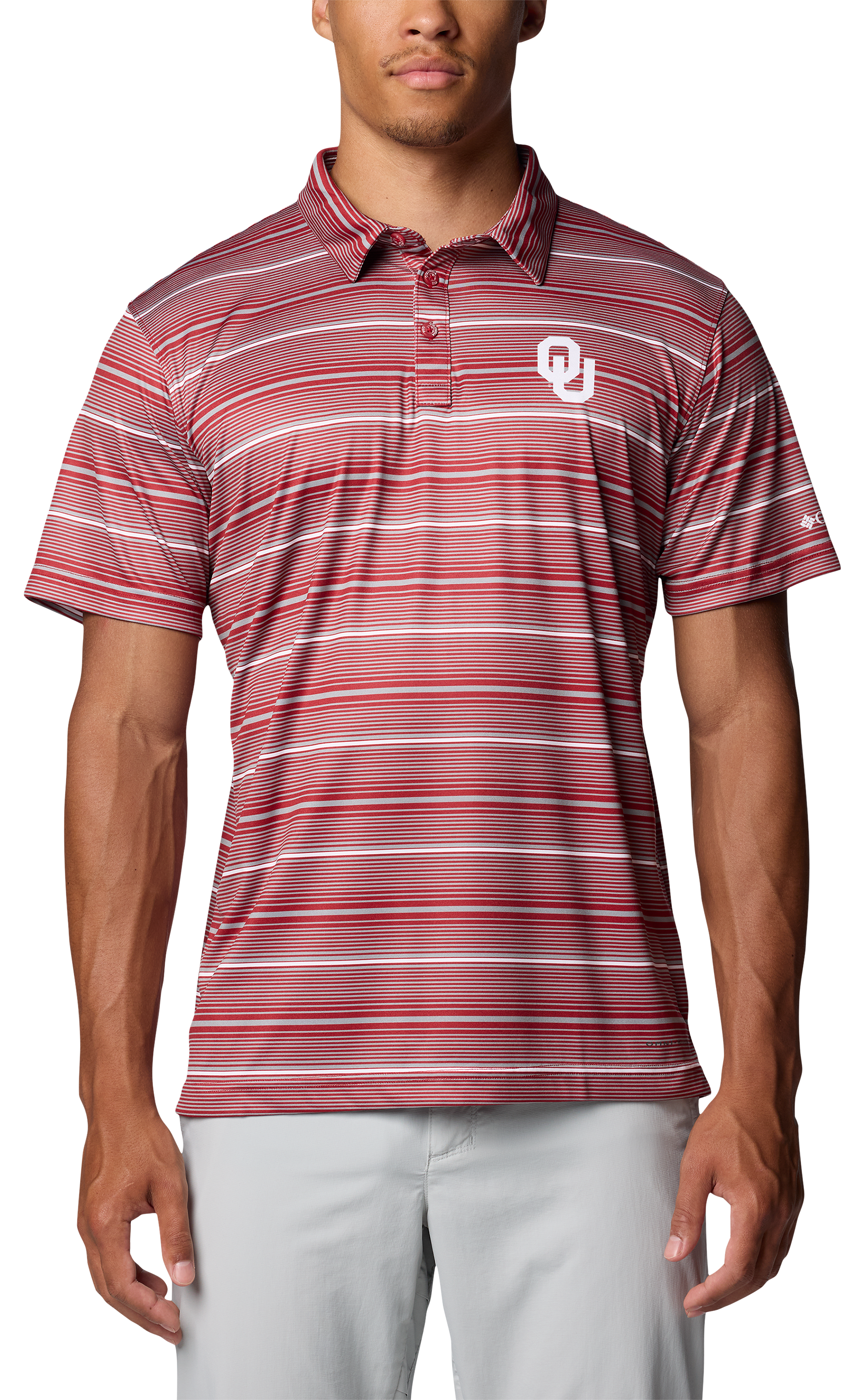 Image of Columbia Collegiate Super Terminal Tackle Short-Sleeve Polo for Men - University of Oklahoma/Red Velvet Stripe