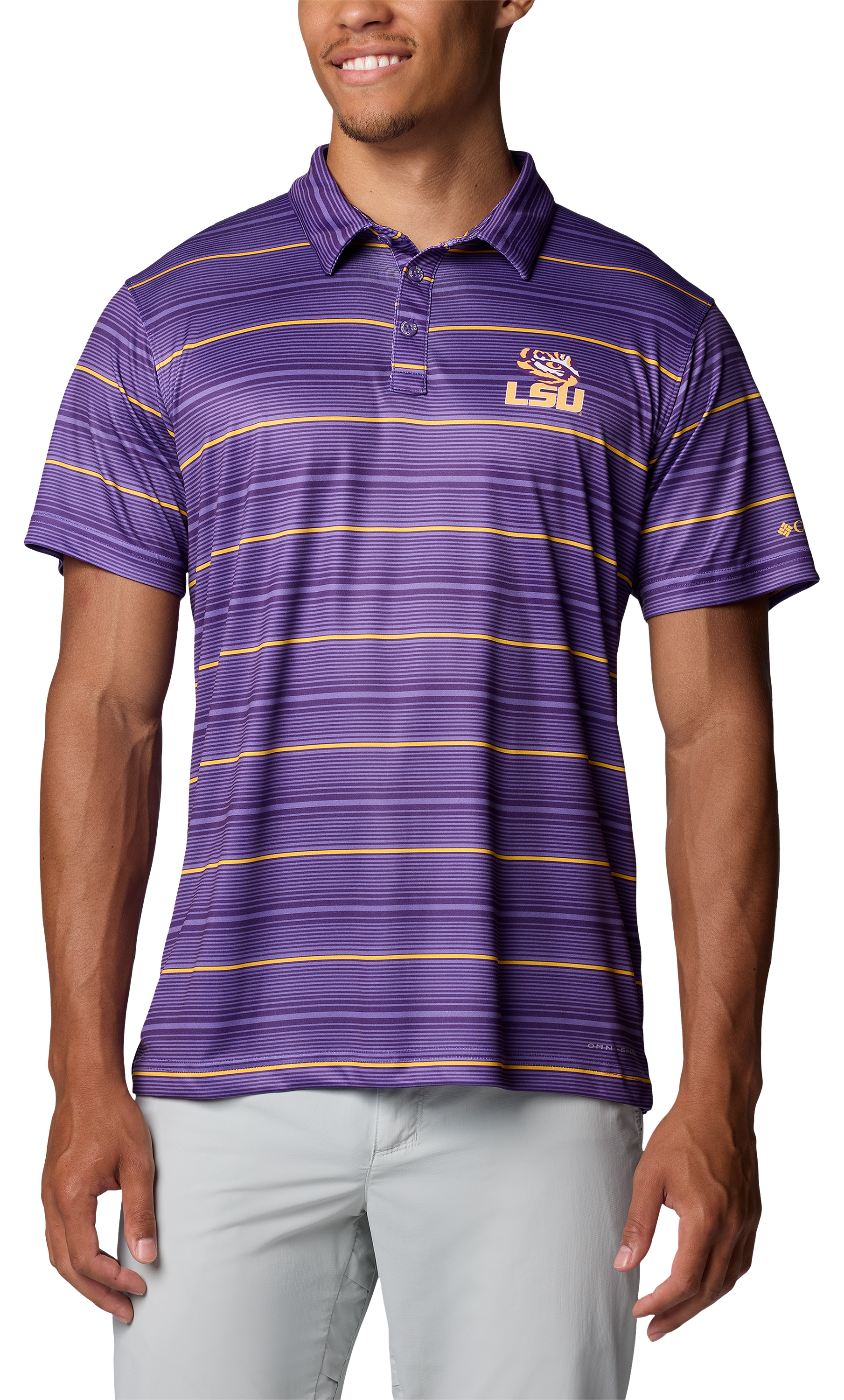 Image of Columbia Collegiate Super Terminal Tackle Short-Sleeve Polo for Men - Louisiana State University/Vivid Purple - XXL