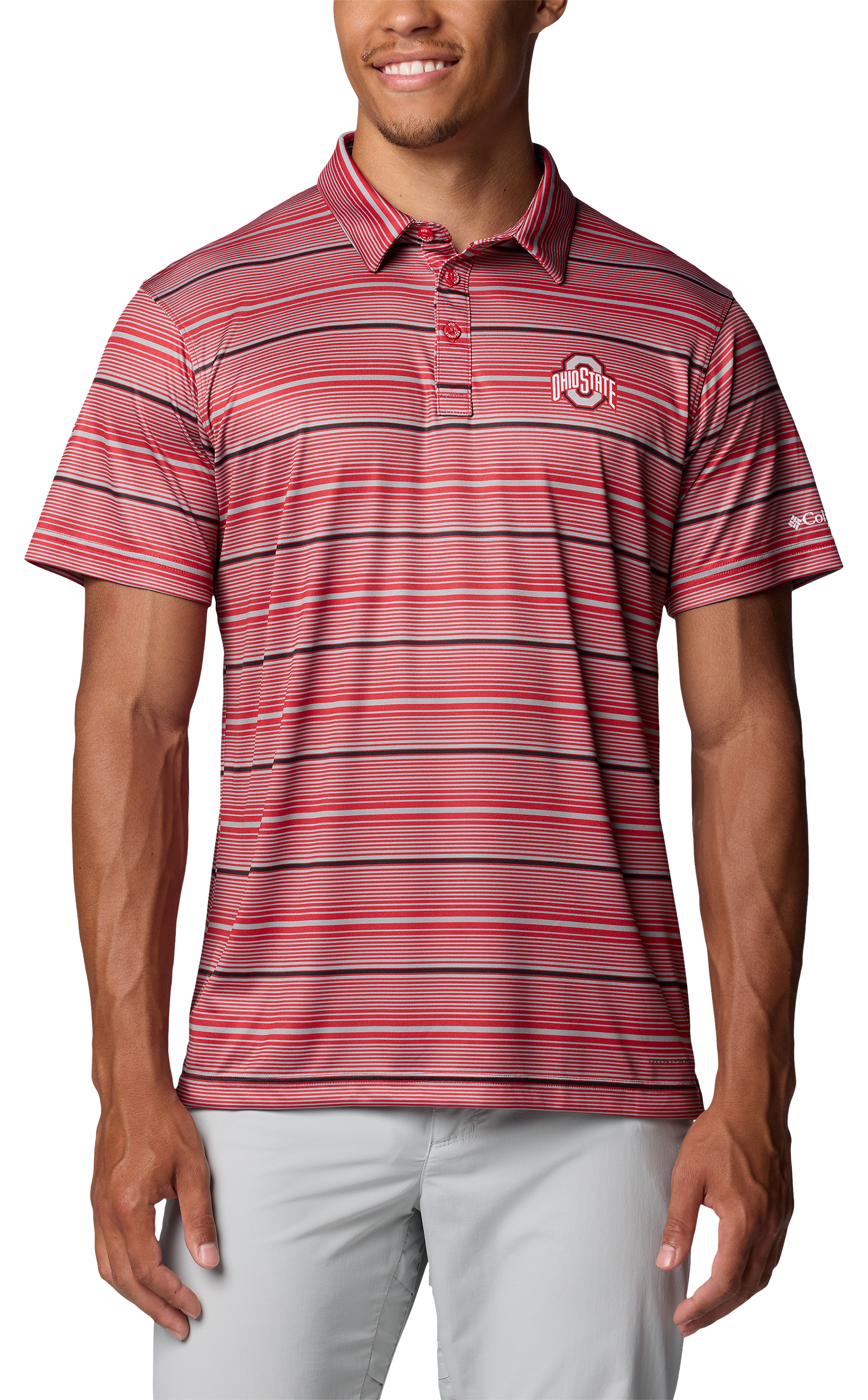 Image of Columbia Collegiate Super Terminal Tackle Short-Sleeve Polo for Men - Ohio State University/Intense Red Stripe - L