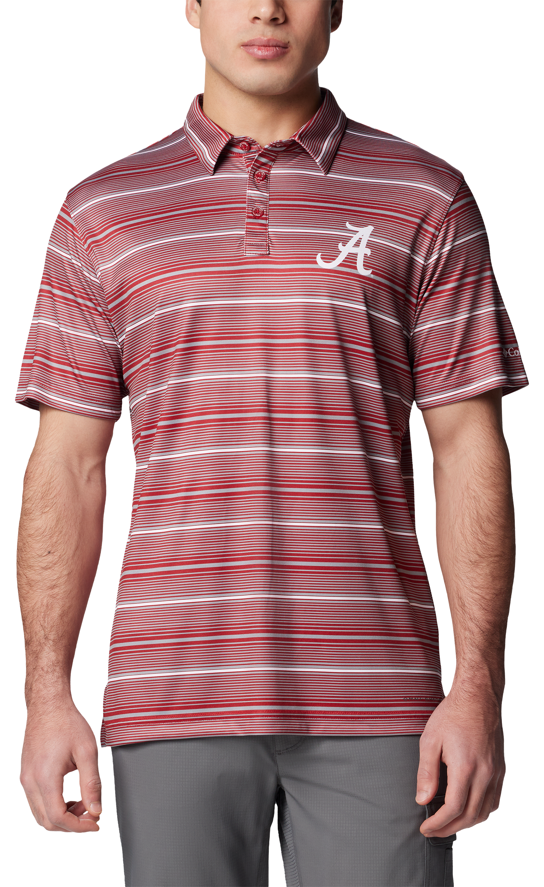 Image of Columbia Collegiate Super Terminal Tackle Short-Sleeve Polo for Men - University of Alabama/Red Velvet Stripe - S