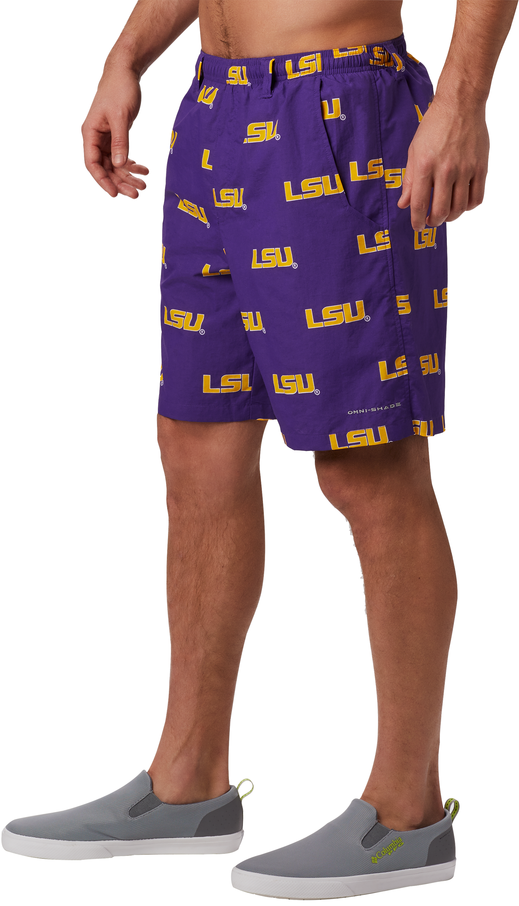 Image of Columbia Collegiate Backcast III Printed Shorts for Men - Louisiana State University/Vivid Purple - M