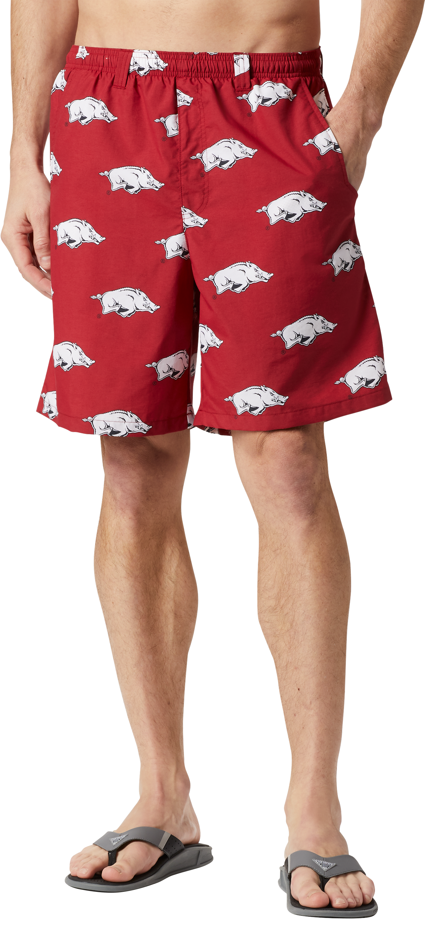 Image of Columbia Collegiate Backcast III Printed Shorts for Men - University of Arkansas/Red Velvet - XL