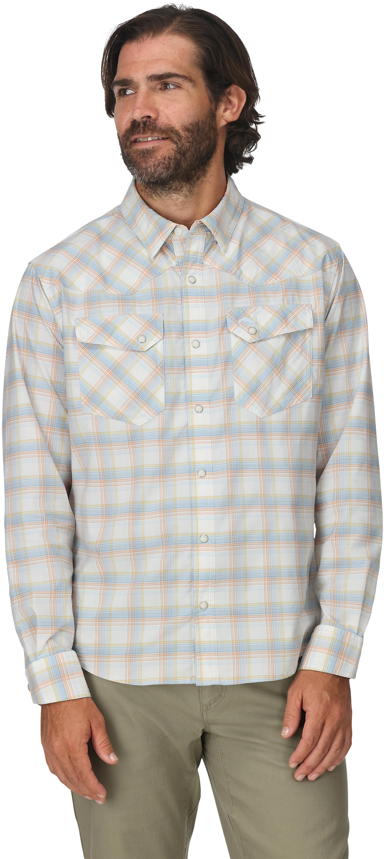 Image of Simms Brackett Long-Sleeve Snap-Down Shirt for Men - White Plaid