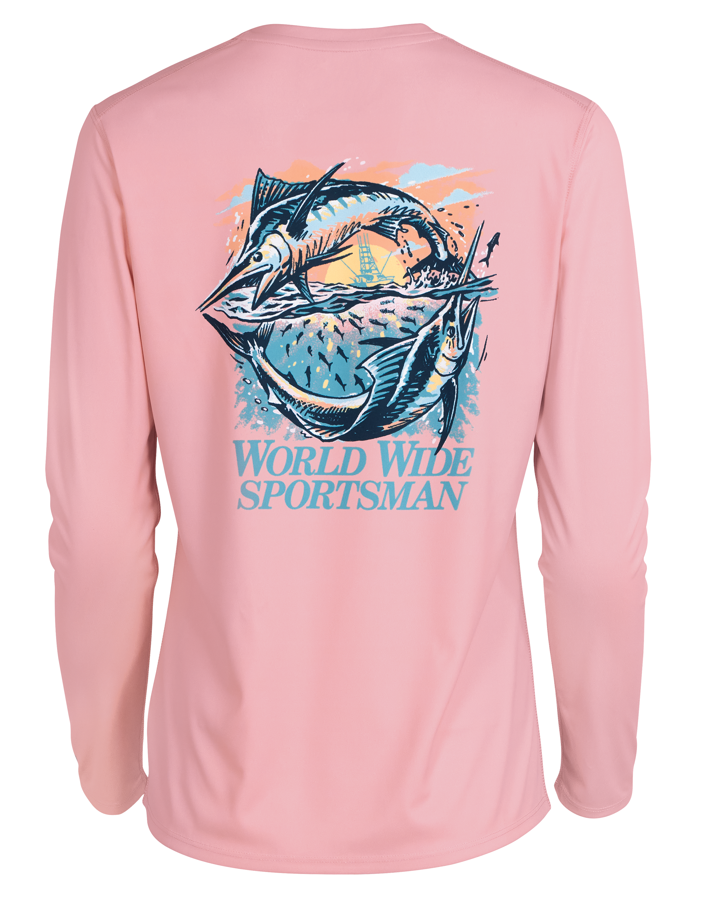 Image of World Wide Sportsman 3D Cool Sporting Marlin Graphic Angler Long-Sleeve Shirt - Silver Pink Sporting Marlin - XL