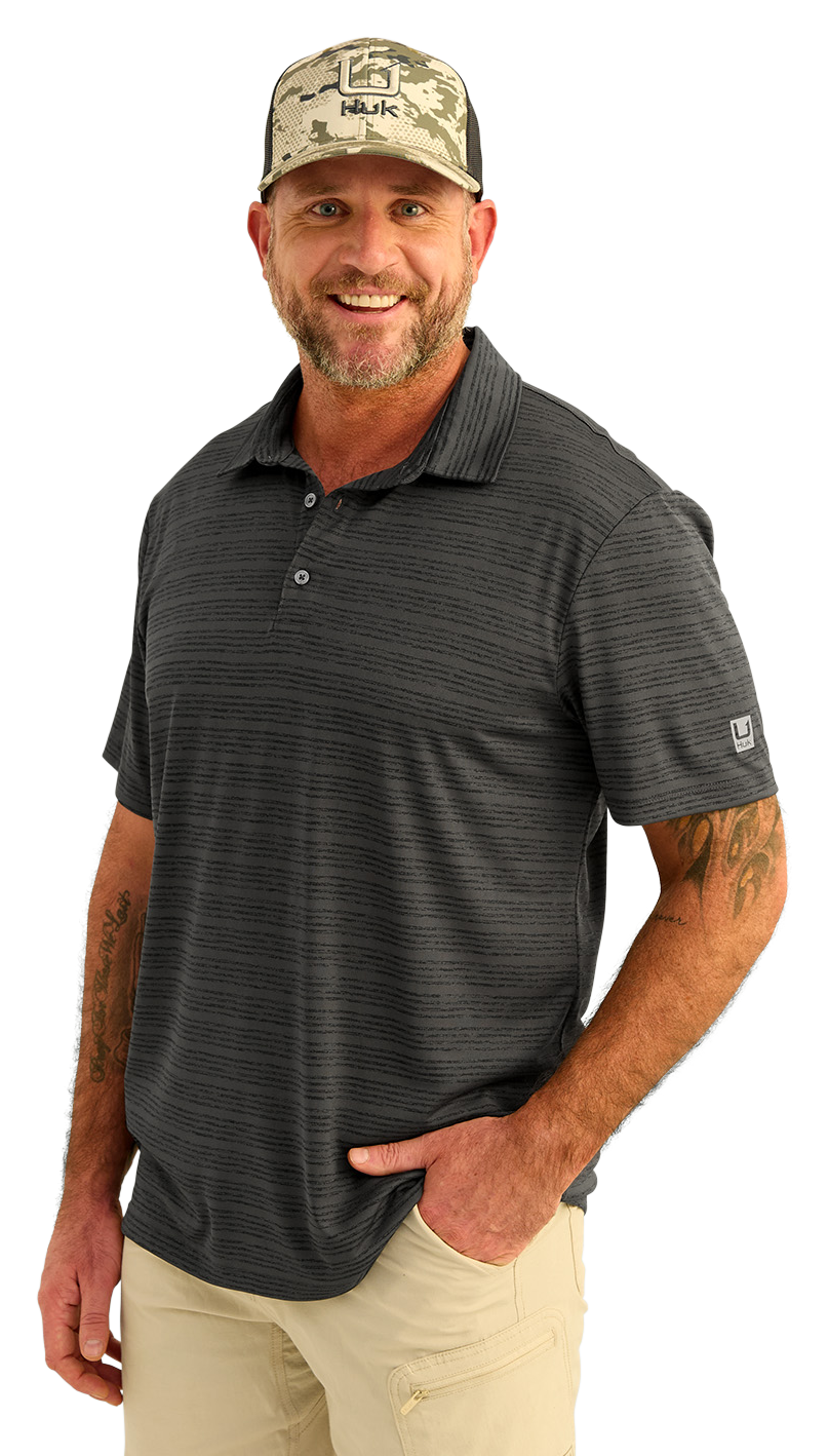 Image of Huk Pursuit Novelty Stripe Polo Shirt for Men - Black - L