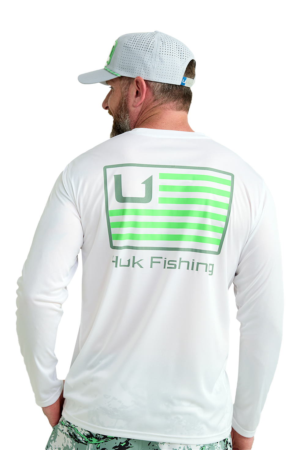 Image of Huk Pursuit Huk and Bars Crew-Neck Long-Sleeve Shirt for Men - White - M