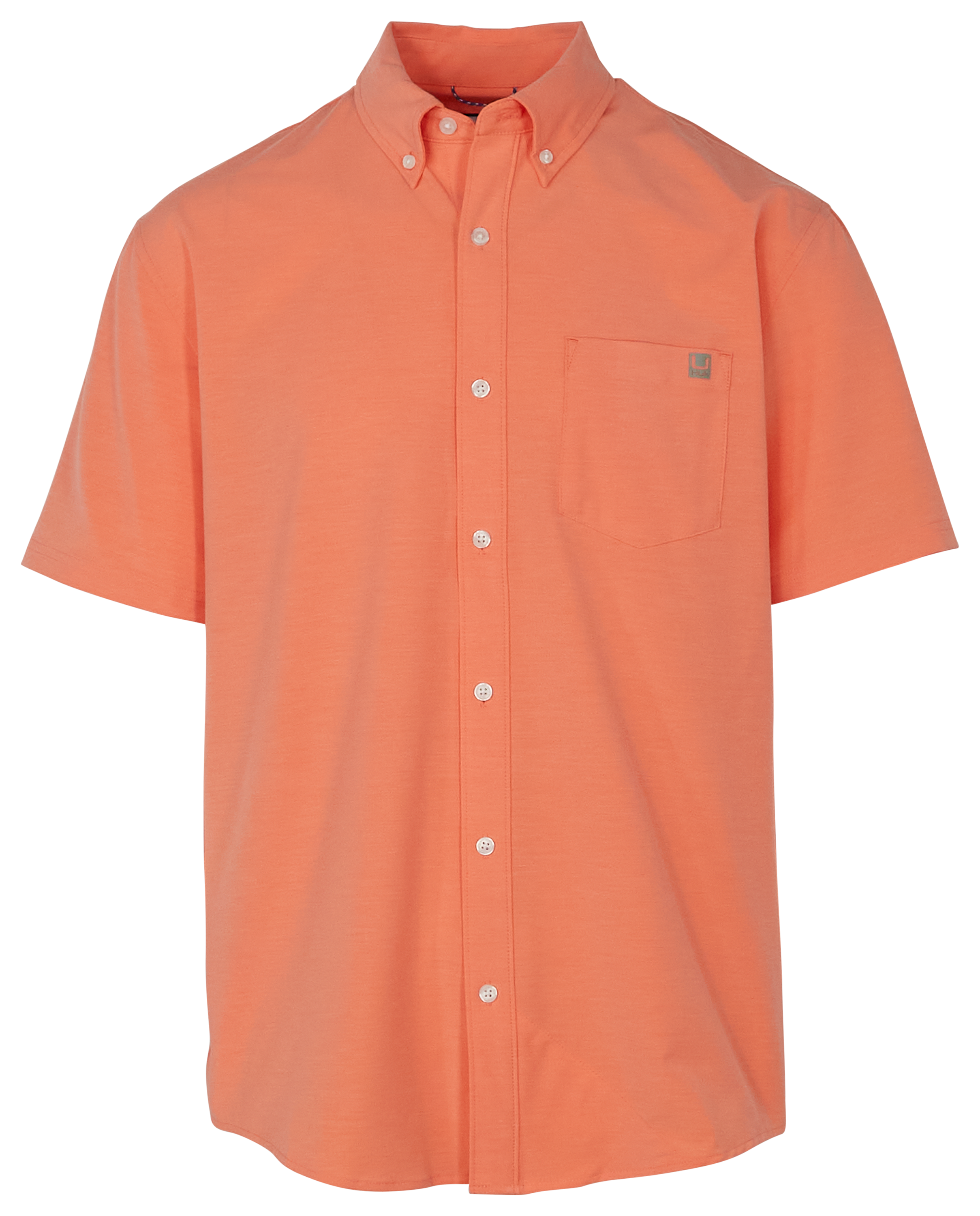Image of Huk Kona Solid Short-Sleeve Button-Down Shirt for Men - Fresh Salmon
