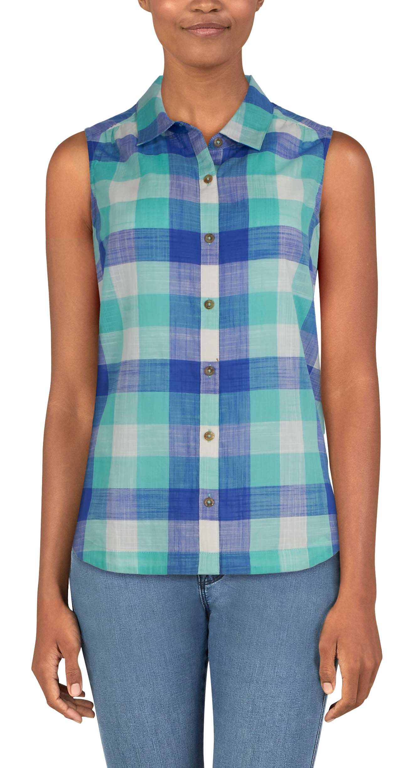 Image of Natural Reflections Meadowlands Button-Up Sleeveless Shirt - Pool Blue