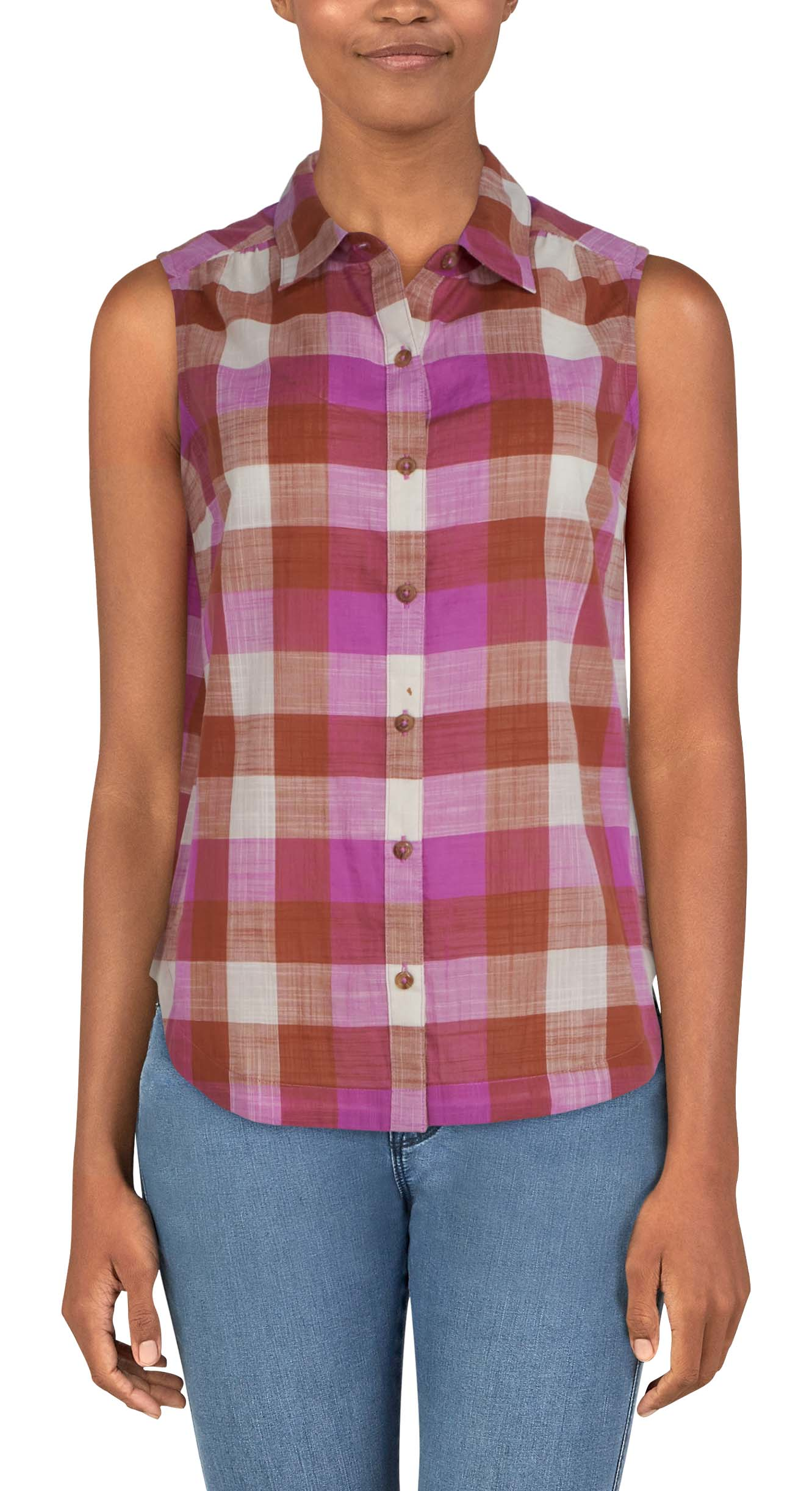 Image of Natural Reflections Meadowlands Button-Up Sleeveless Shirt - Radiant Orchid
