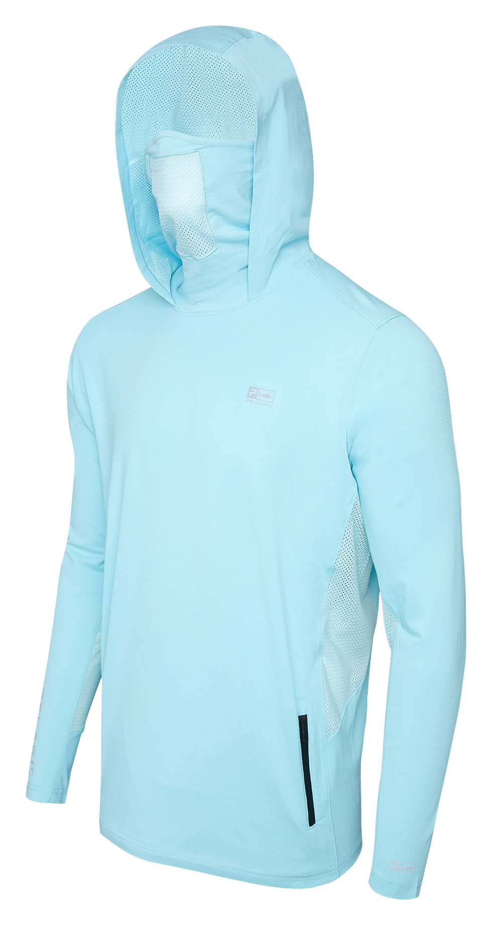 Image of Pelagic Exo-Tech Gyotaku Hooded Long-Sleeve Fishing Shirt for Men - Tahiti Blue - XXL