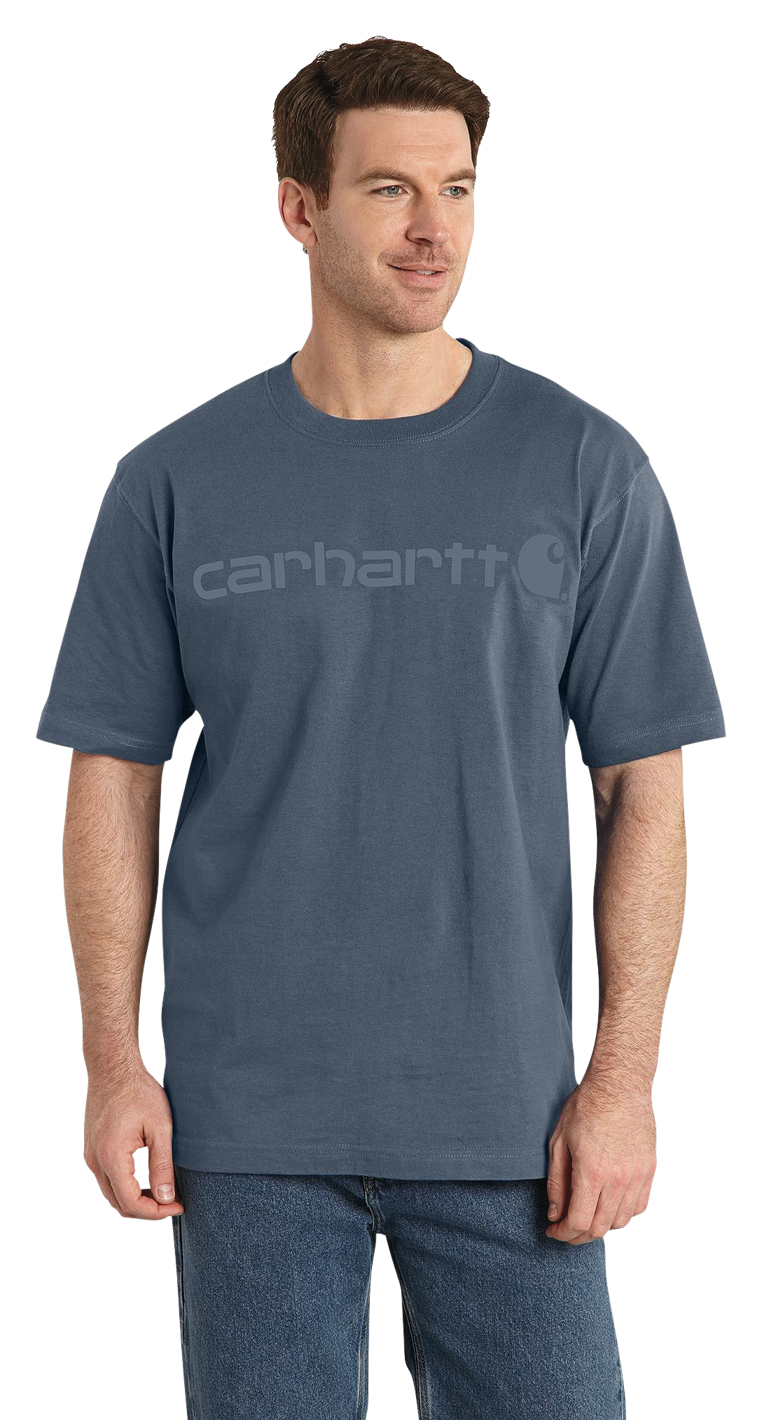 Image of Carhartt Logo Graphic Loose-Fit Heavyweight Short-Sleeve T-Shirt - Bluestone/Tonal