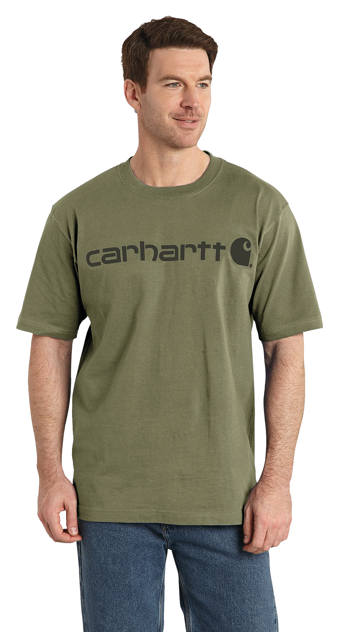 Image of Carhartt Logo Graphic Loose-Fit Heavyweight Short-Sleeve T-Shirt - Dusty Olive/Tonal