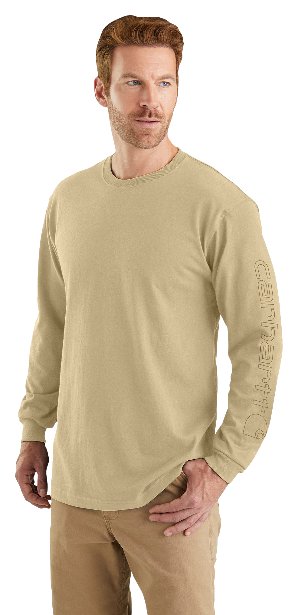 Image of Carhartt Loose-Fit Heavyweight Logo Sleeve Graphic Long-Sleeve T-Shirt - Beach Heather