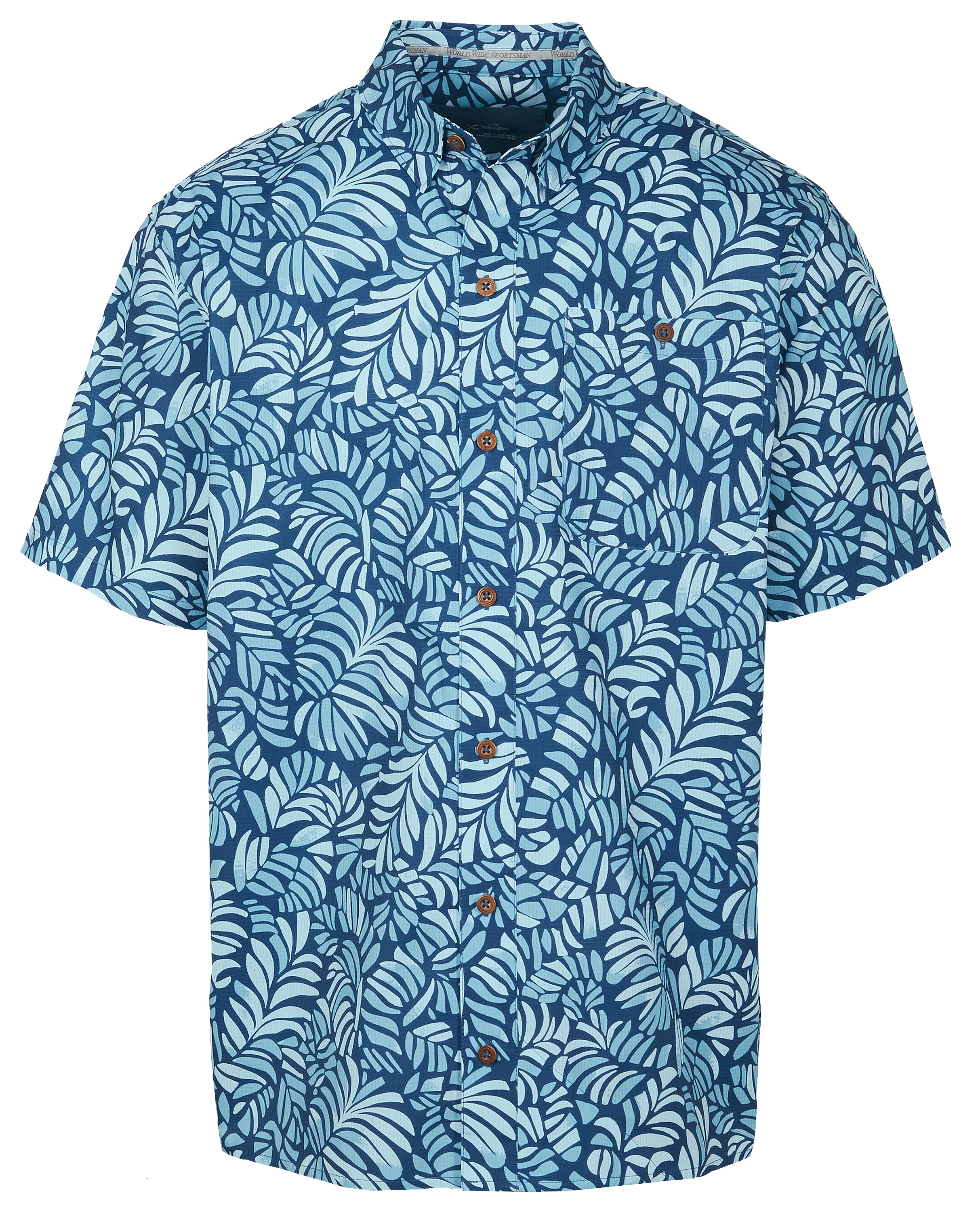 Image of World Wide Sportsman Seacrest Printed Button-Down Short-Sleeve Shirt - Dark Blue New Palms