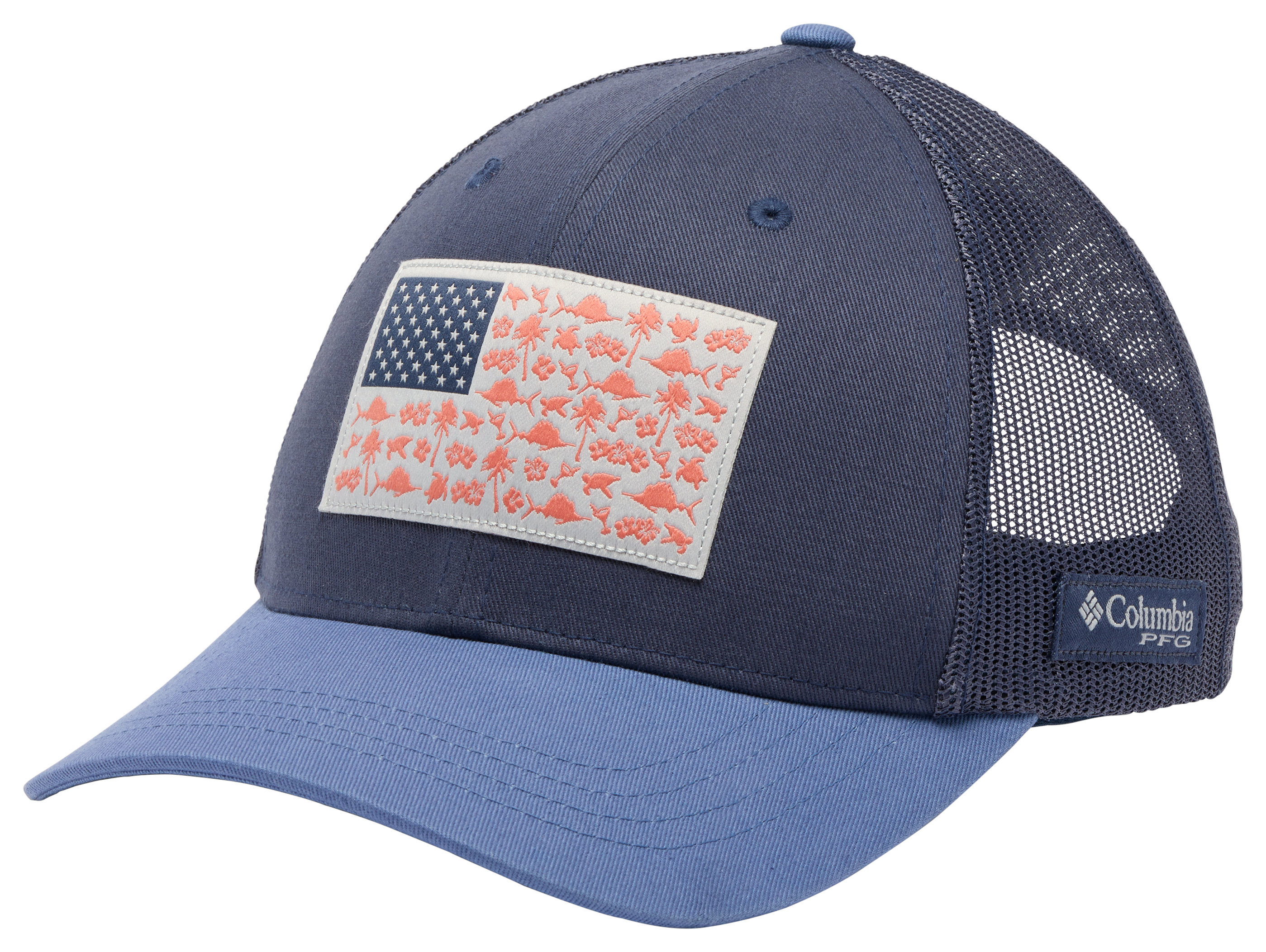 Image of Columbia PFG Fish Flag Snapback Cap for Ladies - Nocturnal/Bluebell/Flag