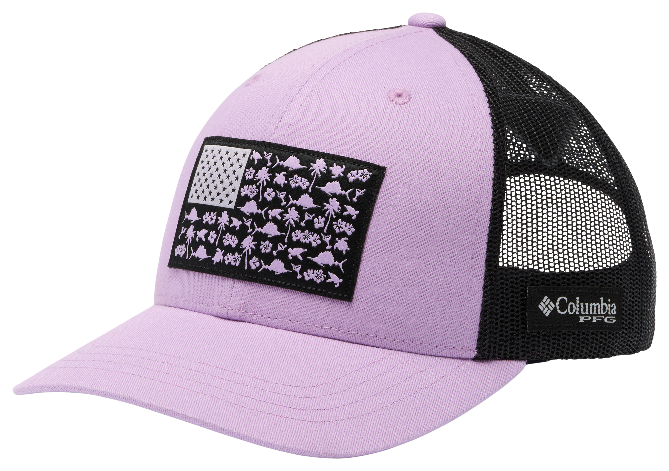 Image of Columbia PFG Fish Flag Snapback Cap for Ladies - Hydrangea/Black/Flag