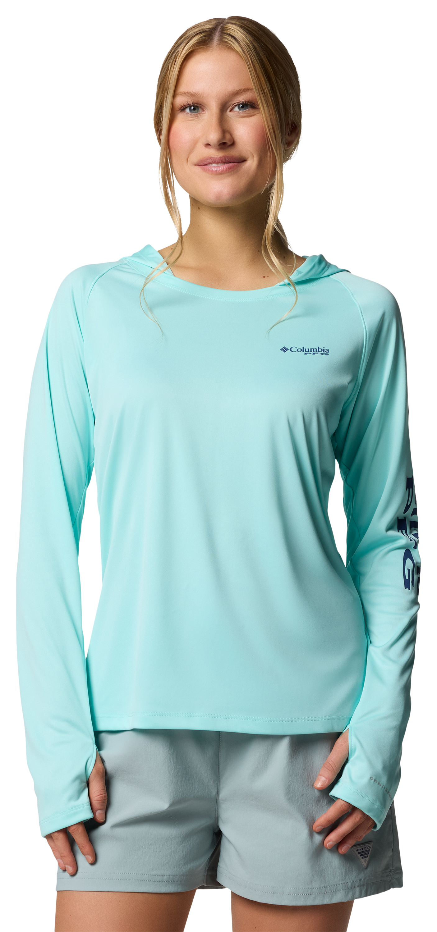 Image of Columbia PFG Tidal Tee Long-Sleeve Hoodie for Ladies - Gulf Stream/Carbon Logo - S