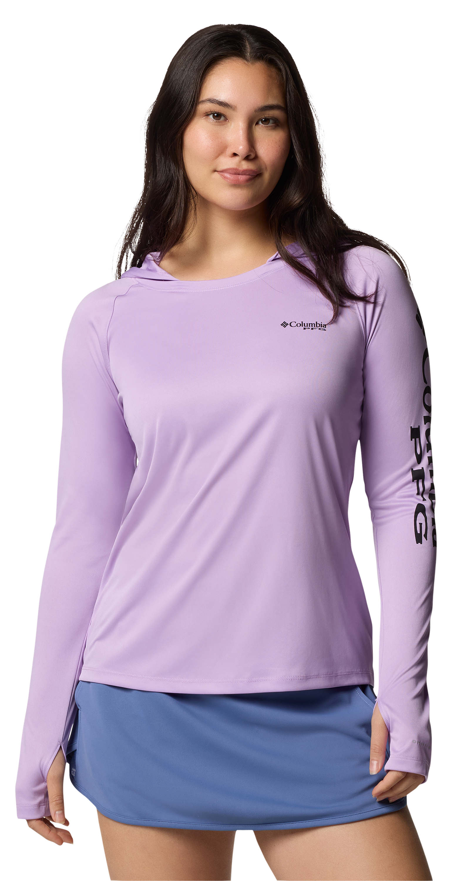 Image of Columbia PFG Tidal Tee Long-Sleeve Hoodie for Ladies - Hydrangea/Black Logo - XL