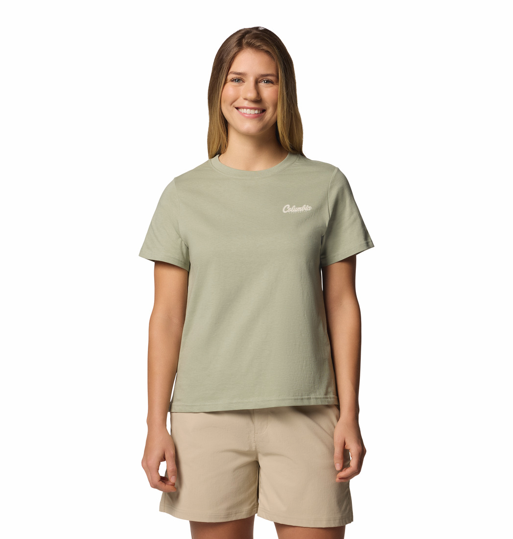 Image of Columbia Rolling Bend Scripted Logo Short-Sleeve T-Shirt for Ladies - Safari/Timberline Trio - L