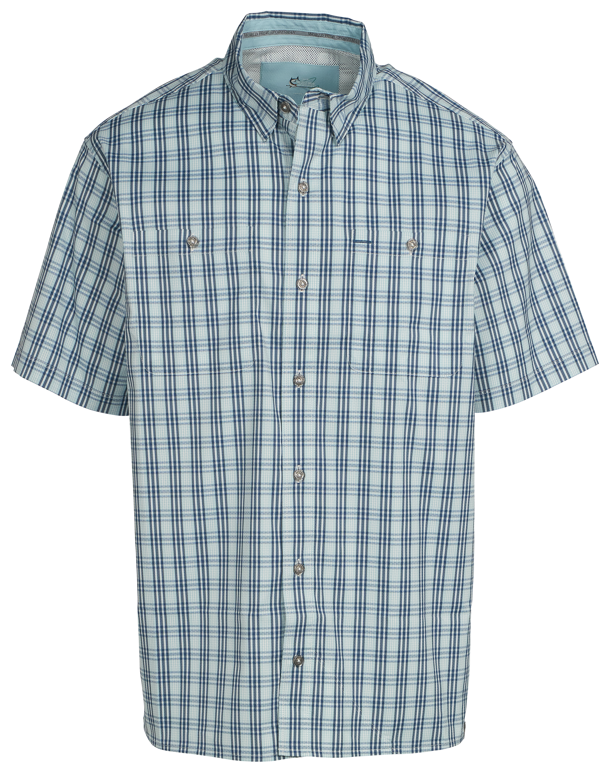 Image of World Wide Sportsman Ultimate Angler Plaid Button-Up Short-Sleeve Shirt - Corydallis Blue Crosshatch