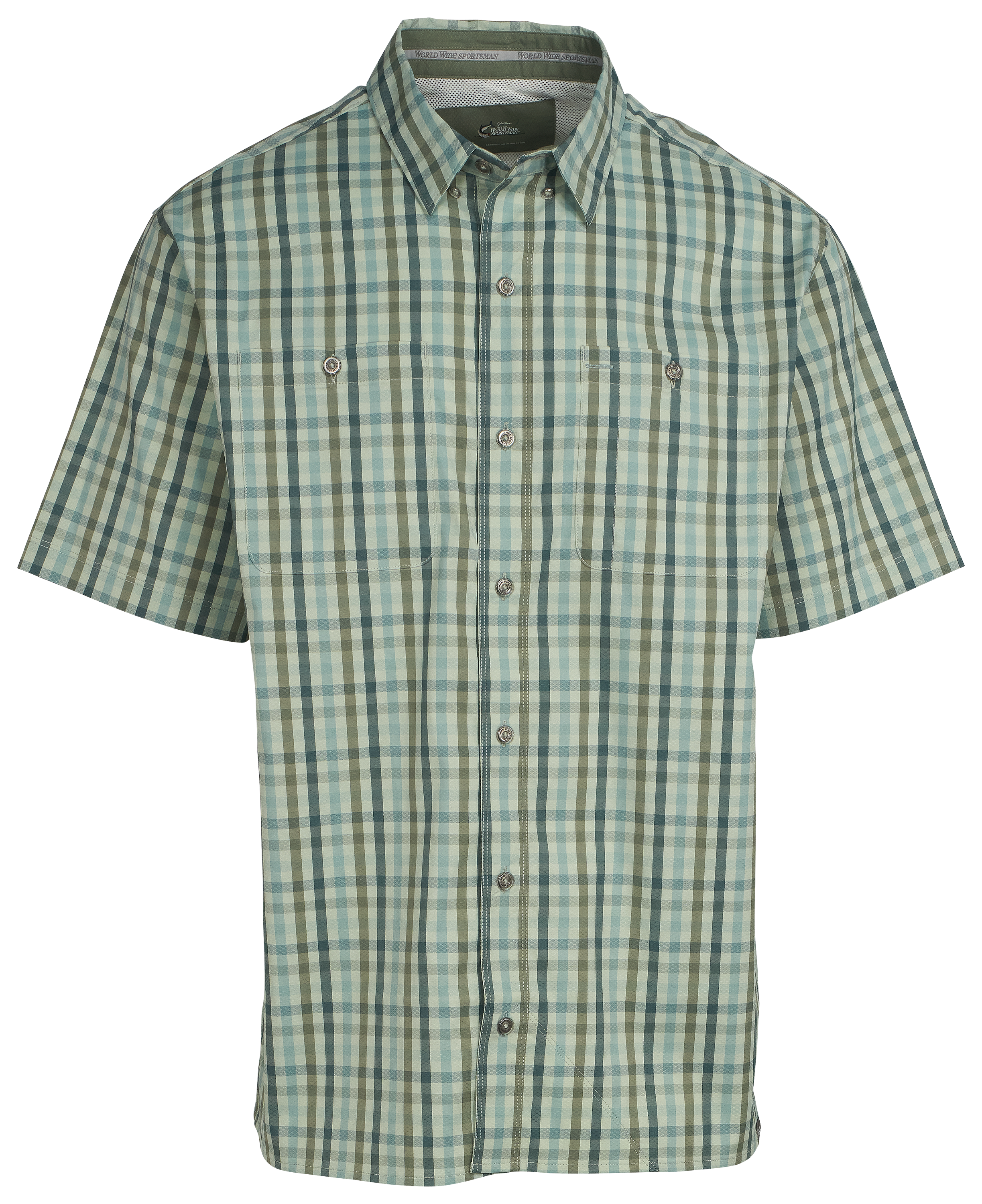 Image of World Wide Sportsman Ultimate Angler Plaid Button-Up Short-Sleeve Shirt - Surf Spray Plaid