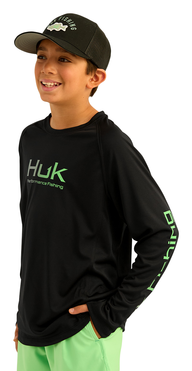 Image of Huk Pursuit Solid Long-Sleeve T-Shirt for Kids - Black/Green- L