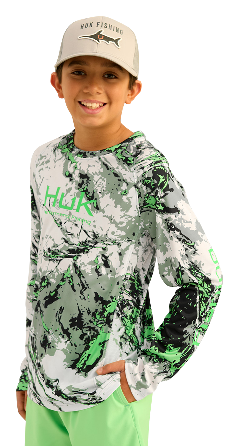 Image of Huk Pursuit Mossy Oak Long-Sleeve Performance Crew for Kids - Fog Green
