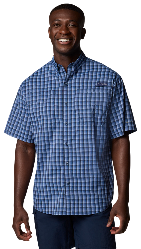 Image of Columbia PFG Super Tamiami Short-Sleeve Button-Down Shirt for Men - Collegiate Navy Gradient Check