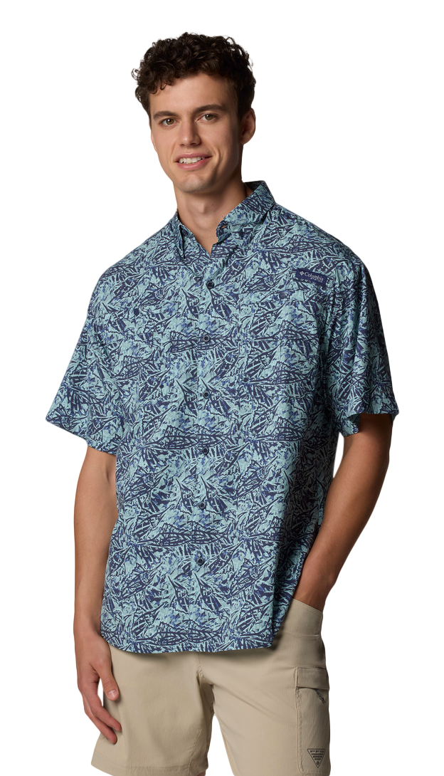 Image of Columbia PFG Super Tamiami Short-Sleeve Button-Down Shirt for Men - Crushed Blue Marlin Palms