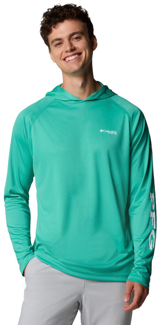 Image of Columbia PFG Terminal Tackle Long-Sleeve Hoodie - Glaze Green/White Logo