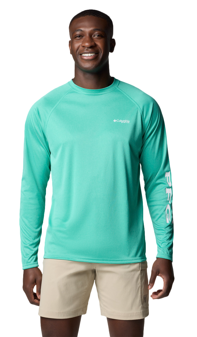 Image of Columbia PFG Terminal Tackle Heather Long-Sleeve Shirt for Men - Glaze Green Heather/White Logo